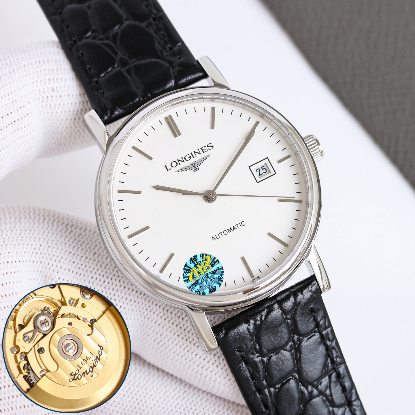 Longines La Grande Classique de Longines Automatic silver case bezel, white dial, black leather strap 38.5mm Men's Automatic