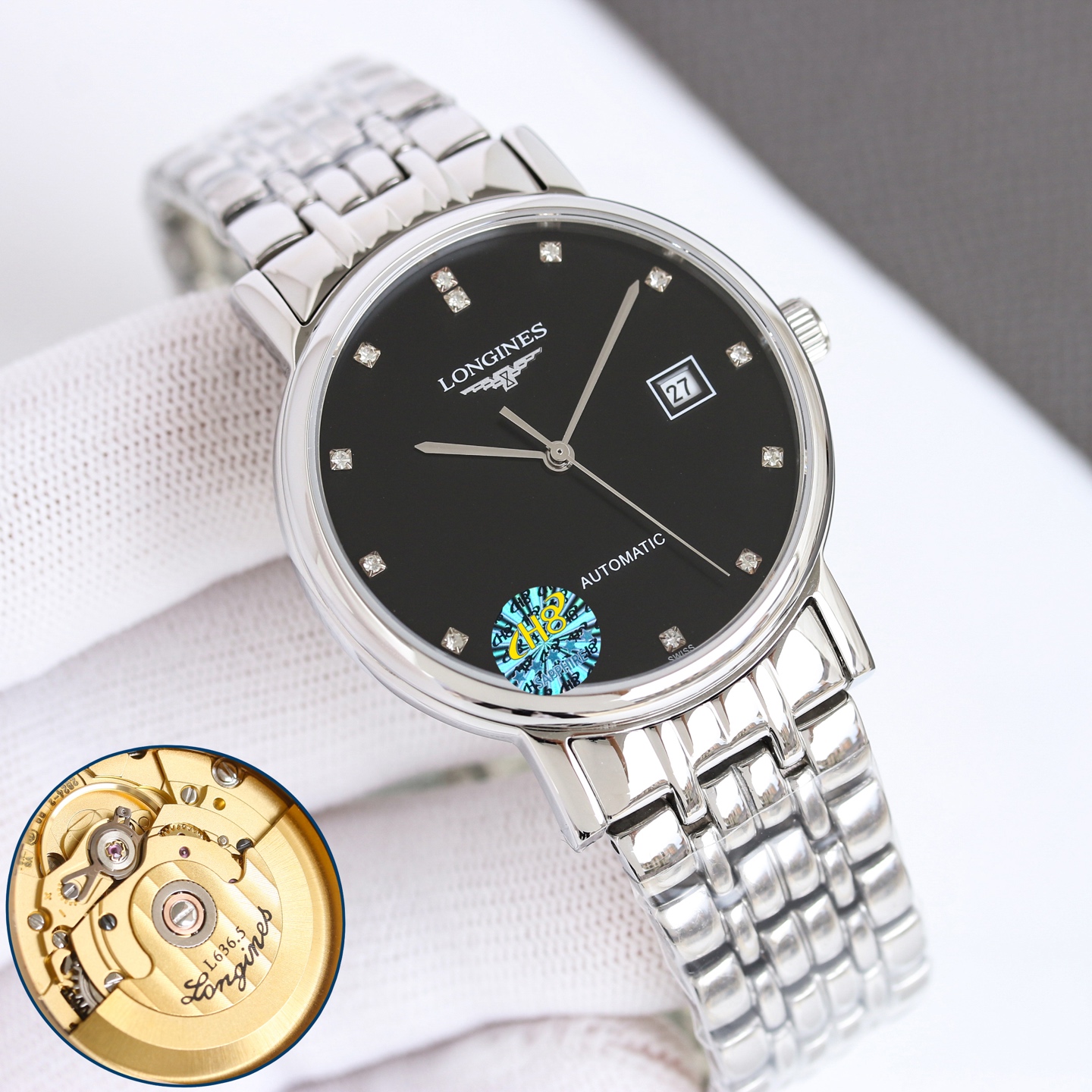 Longines La Grande Classique de Longines Automatic Date silver case bezel and bracelet, black dial 38.5mm Men's Automatic