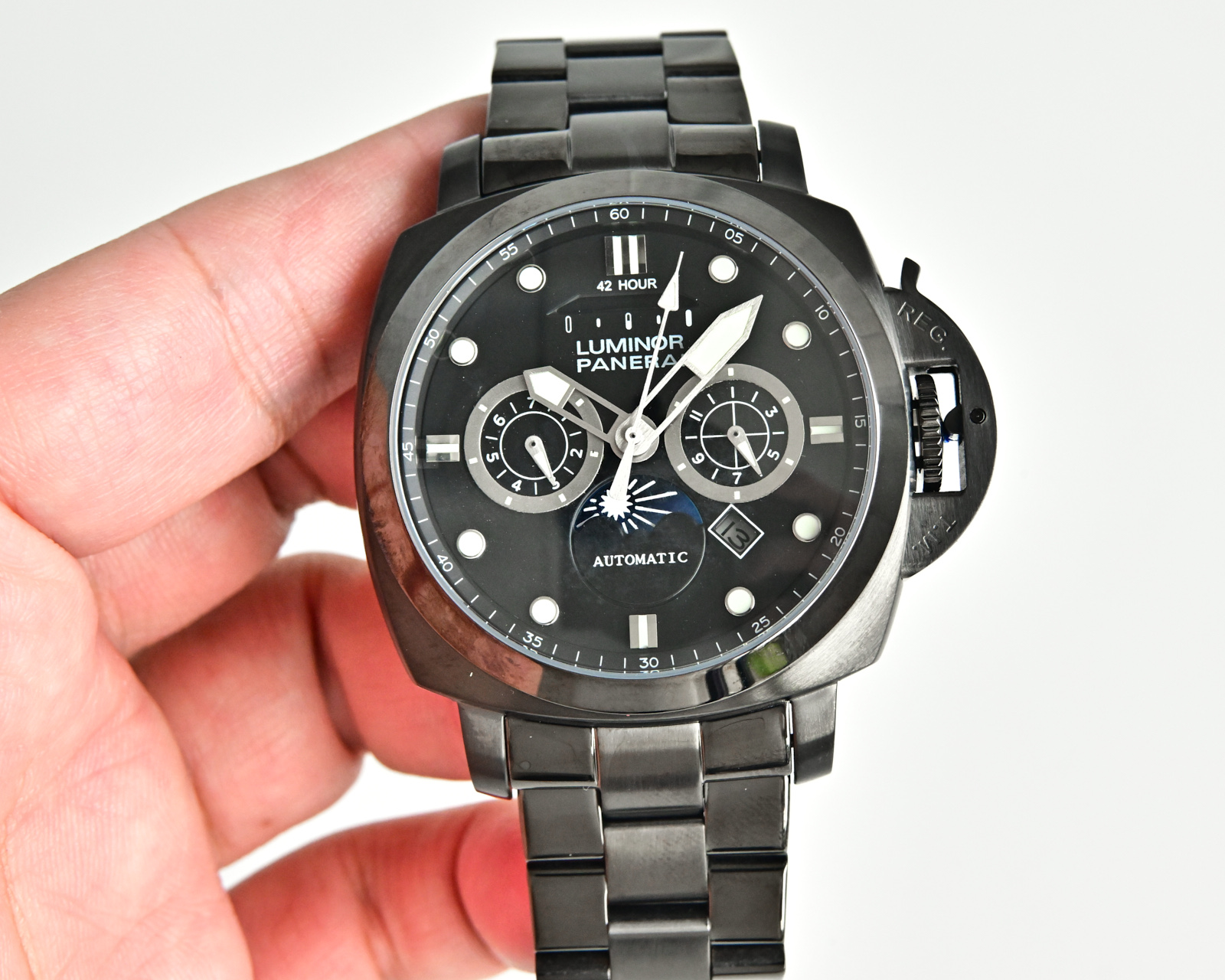Panerai Luminor 1950 8 Days Chrono Monopulsante GMT Moonphase black case and bezel, white dial, black and silver bracelet 44mm Men's Automatic
