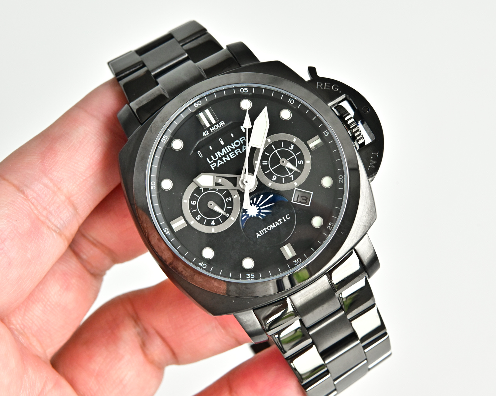 Panerai Luminor 1950 8 Days Chrono Monopulsante GMT Moonphase black case and bezel, white dial, black and silver bracelet 44mm Men's Automatic