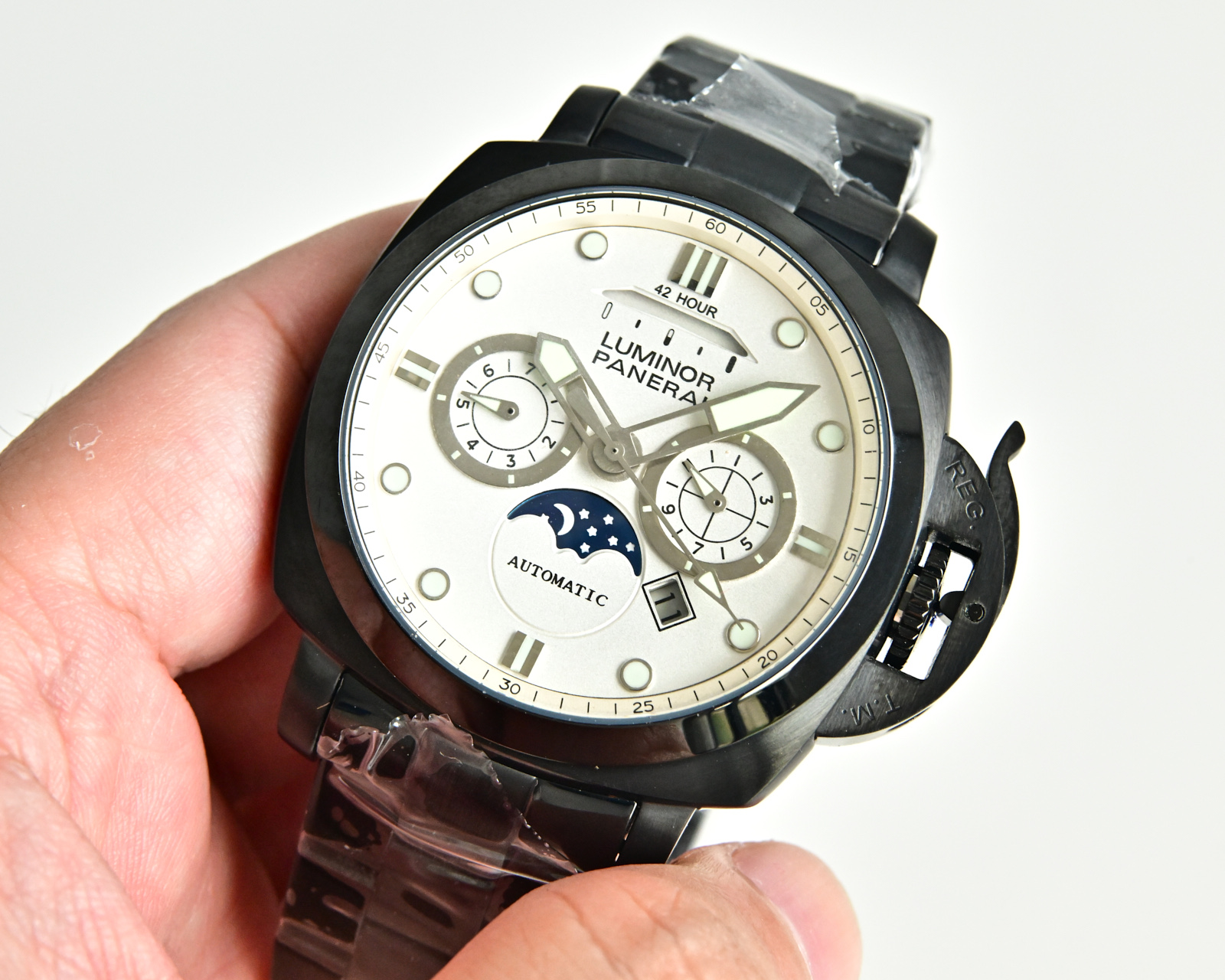 Panerai Luminor 1950 8 Days Chrono Monopulsante GMT Moonphase black case and bezel, white dial, black and silver bracelet 44mm Men's Automatic