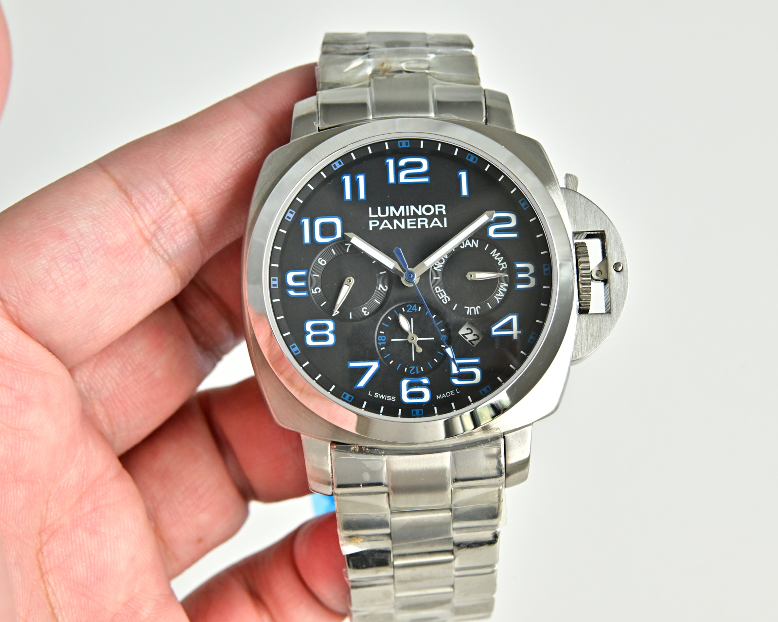 Panerai Luminor 1950 10 Days GMT Chrono Monopulsante PAM 00311 stainless steel case and bracelet, black dial, blue accents 44mm Men's Automatic