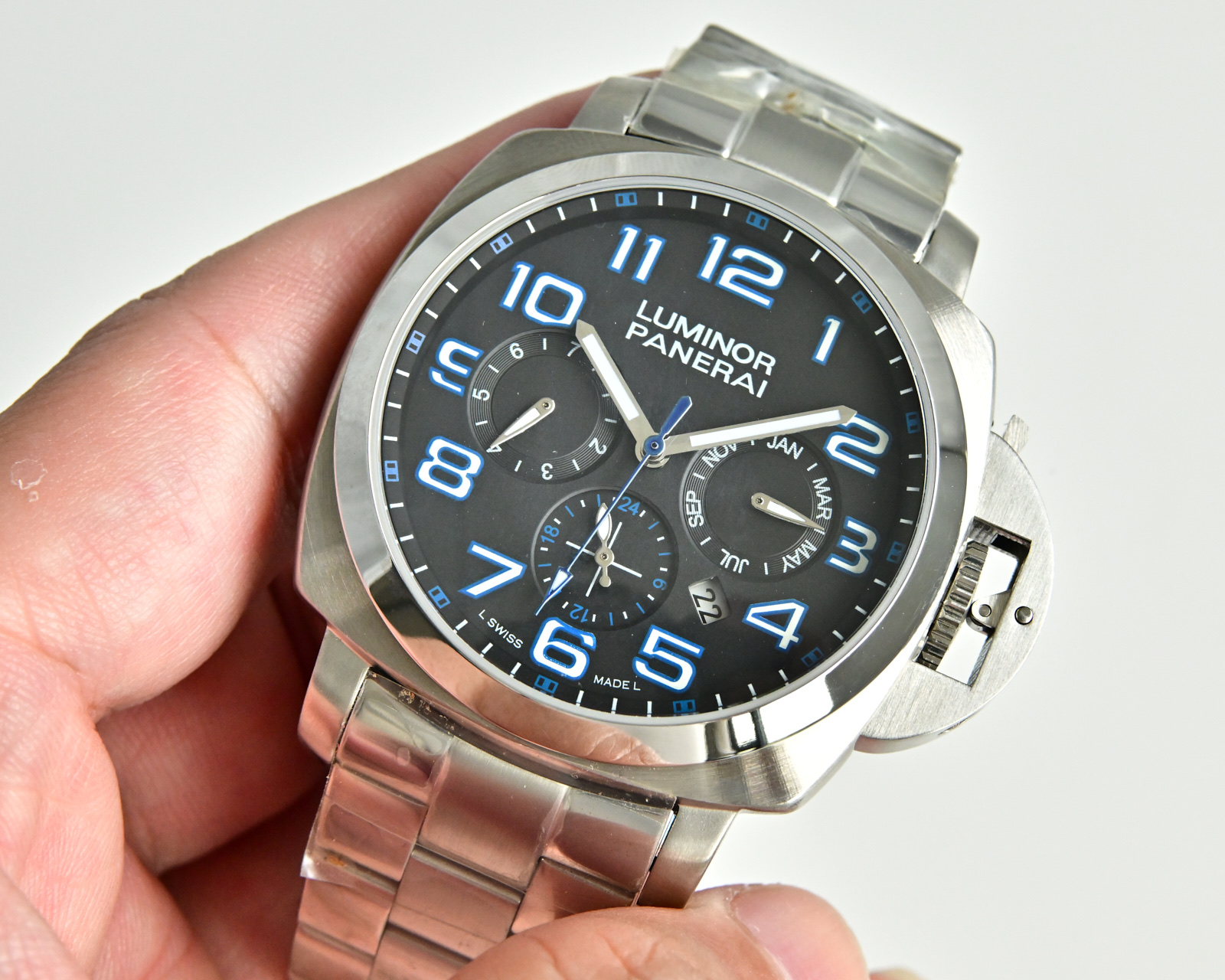Panerai Luminor 1950 10 Days GMT Chrono Monopulsante PAM 00311 stainless steel case and bracelet, black dial, blue accents 44mm Men's Automatic