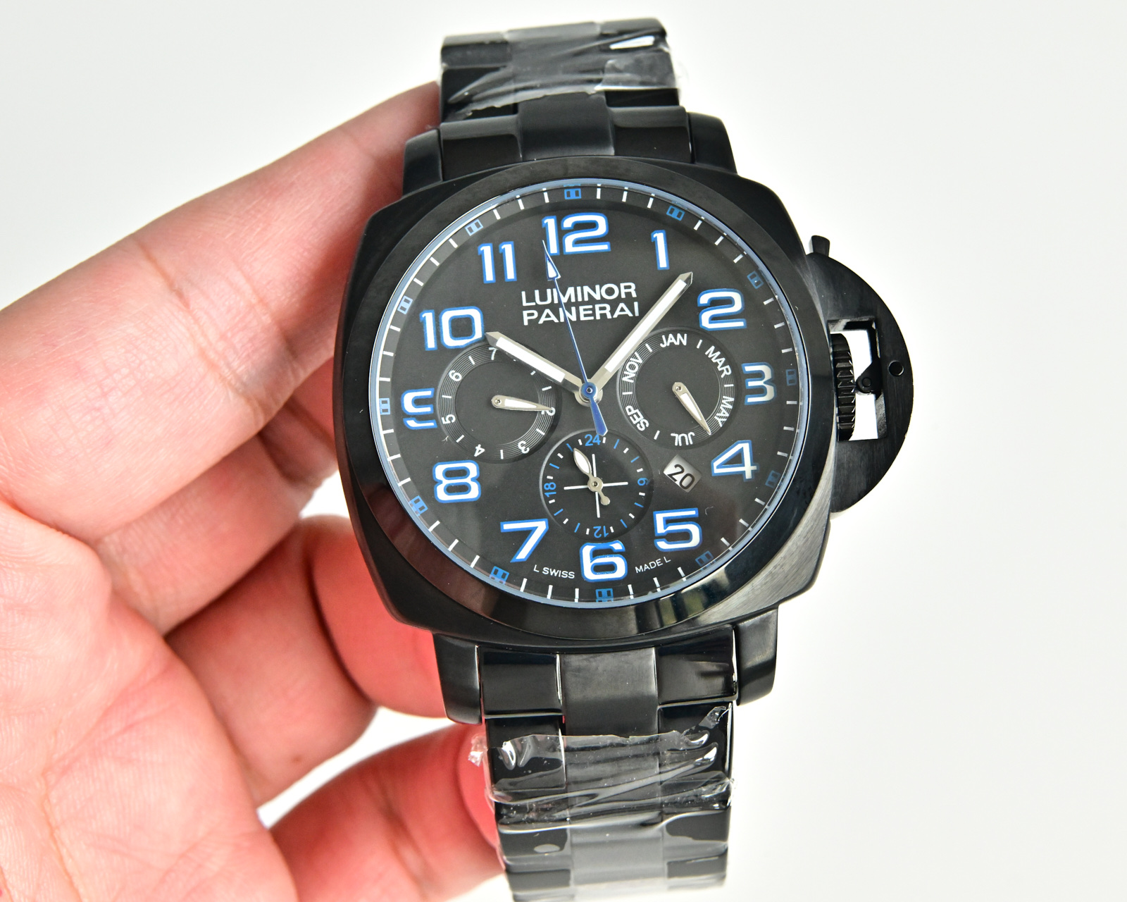Panerai Luminor 1950 Chrono Monopulsante 8 Days GMT Ceramica black ceramic case / bezel, black dial, black metal bracelet 44mm Men's Automatic
