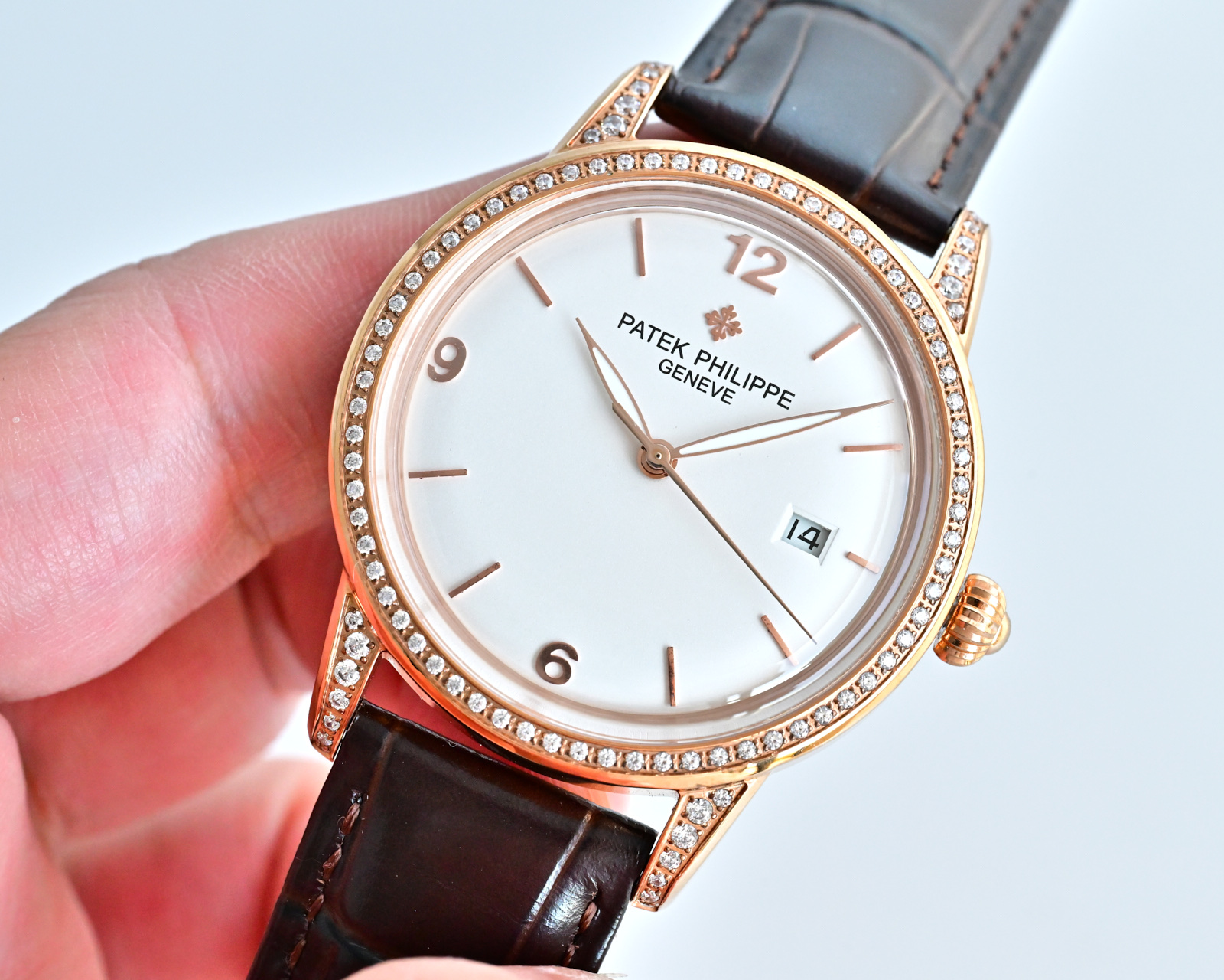 Patek Philippe Calatrava 4897R rose gold diamond-set case and bezel, silver dial, brown leather strap 33mm Women's Automatic