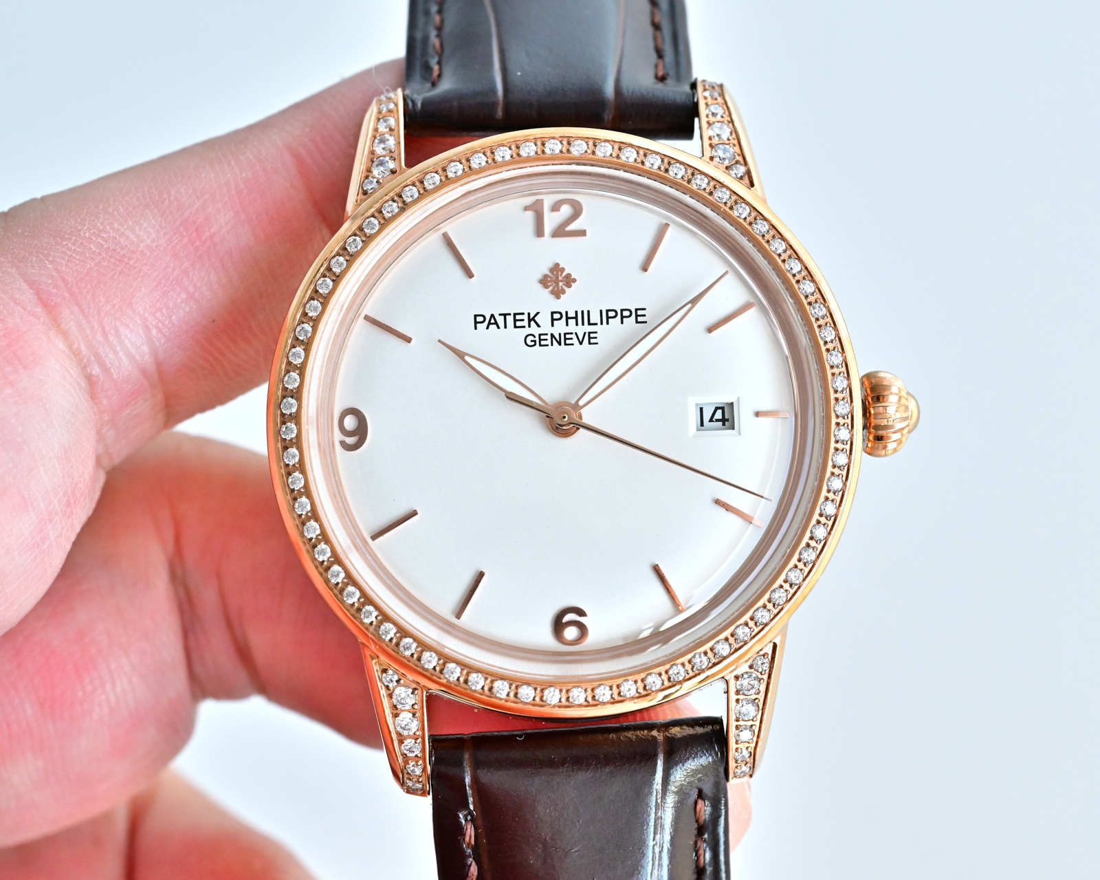 Patek Philippe Calatrava 4897R rose gold diamond-set case and bezel, silver dial, brown leather strap 33mm Women's Automatic
