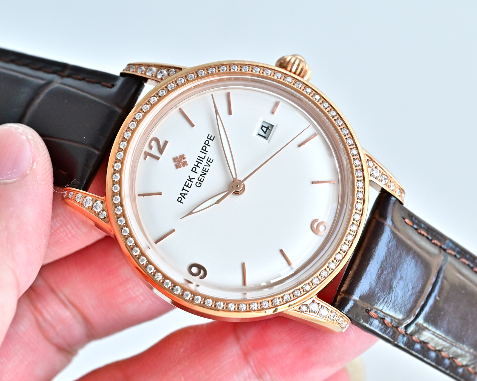 Patek Philippe Calatrava 4897R rose gold diamond-set case and bezel, silver dial, brown leather strap 33mm Women's Automatic
