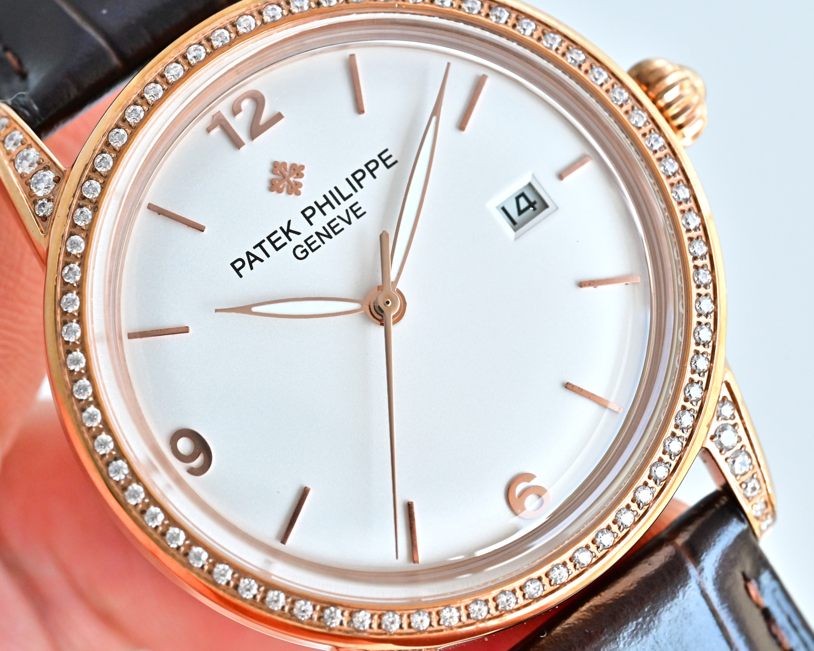 Patek Philippe Calatrava 4897R rose gold diamond-set case and bezel, silver dial, brown leather strap 33mm Women's Automatic