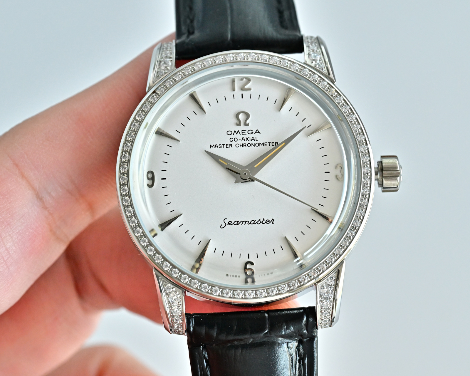 Omega Seamaster 1948 silver case / diamond bezel and lugs / white dial / blue leather strap 39mm Men's Automatic