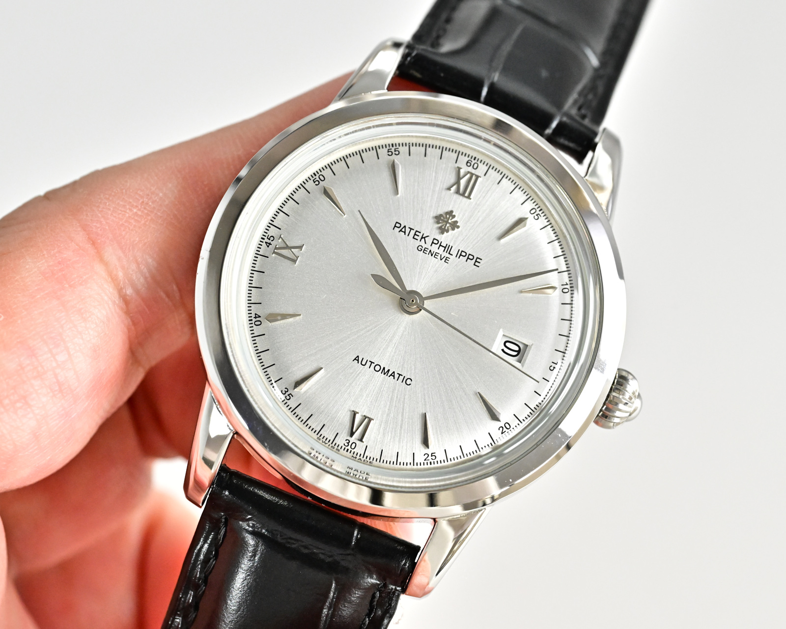 Patek Philippe Calatrava 5296G-001 white gold case bezel, silver dial, black leather strap 38mm Men's Automatic