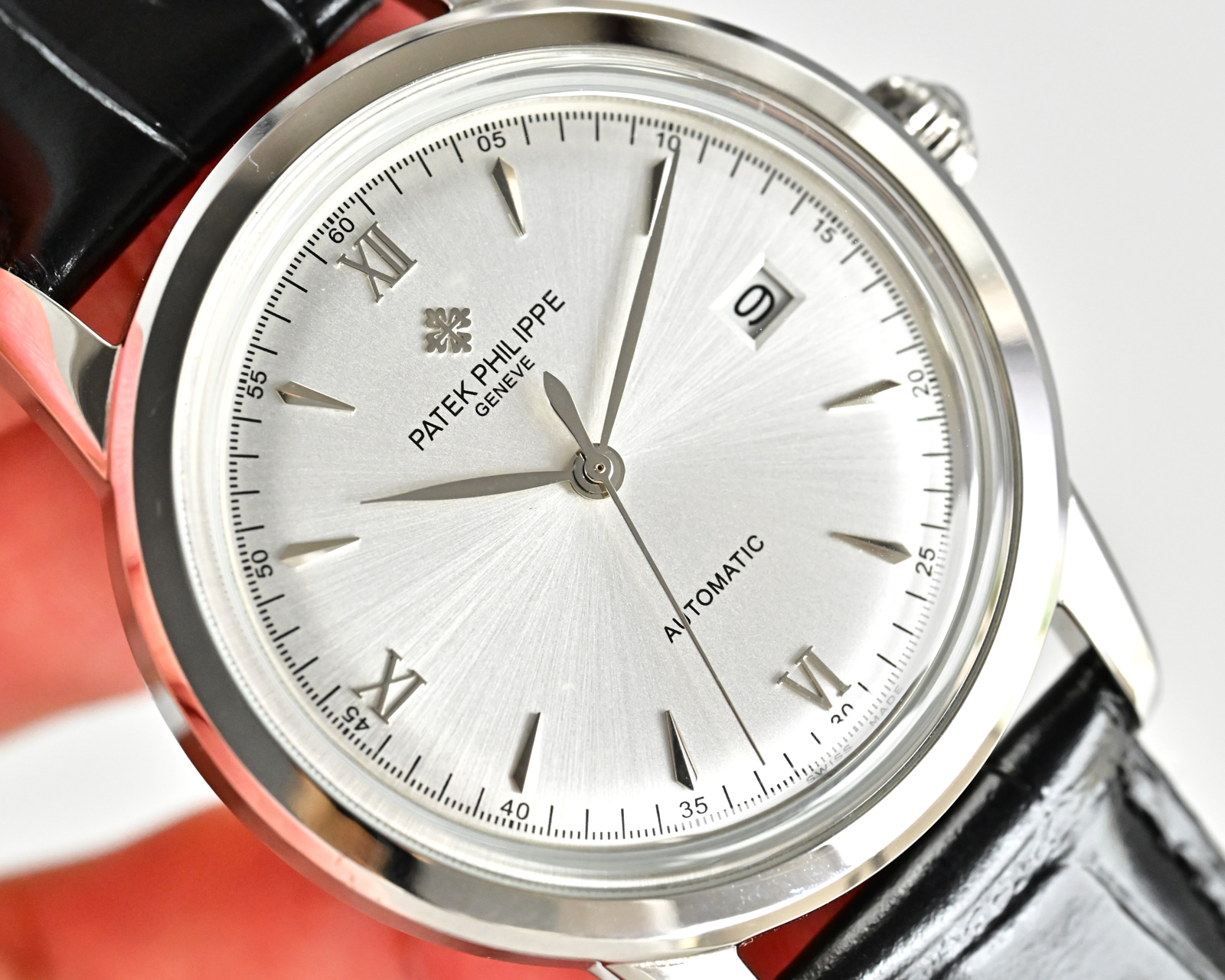Patek Philippe Calatrava 5296G-001 white gold case bezel, silver dial, black leather strap 38mm Men's Automatic