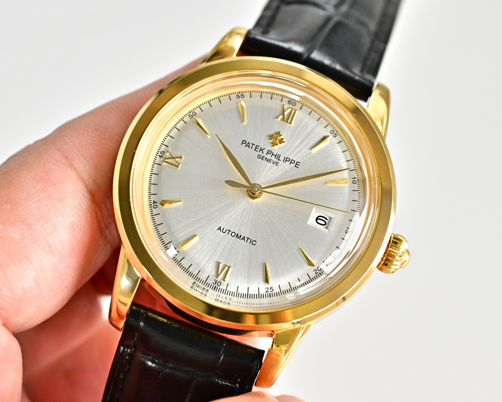 Patek Philippe Calatrava Date yellow gold case, silver dial, black leather strap 39mm Men's Automatic