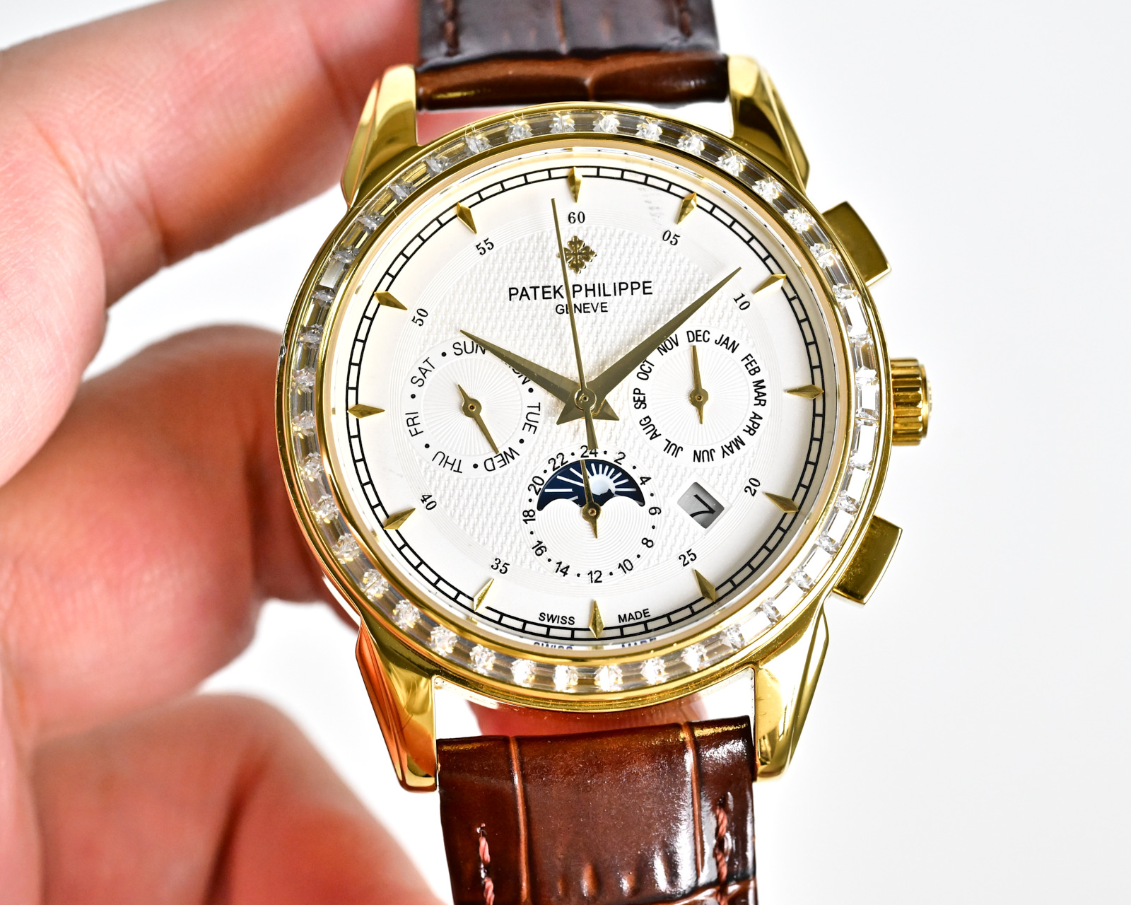 Patek Philippe Grand Complications Perpetual Calendar Moon Phase Chronograph Silver case, diamond bezel, white dial, black leather strap 41mm Men's Automatic