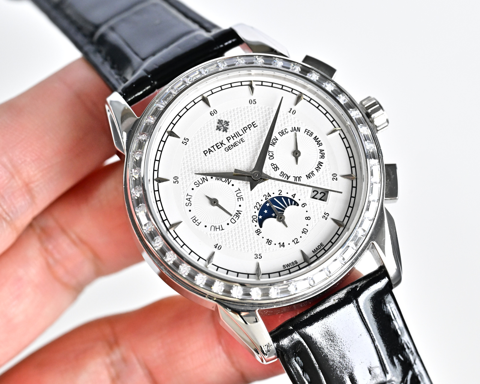 Patek Philippe Grand Complications Perpetual Calendar Moon Phase Chronograph Silver case, diamond bezel, white dial, black leather strap 41mm Men's Automatic