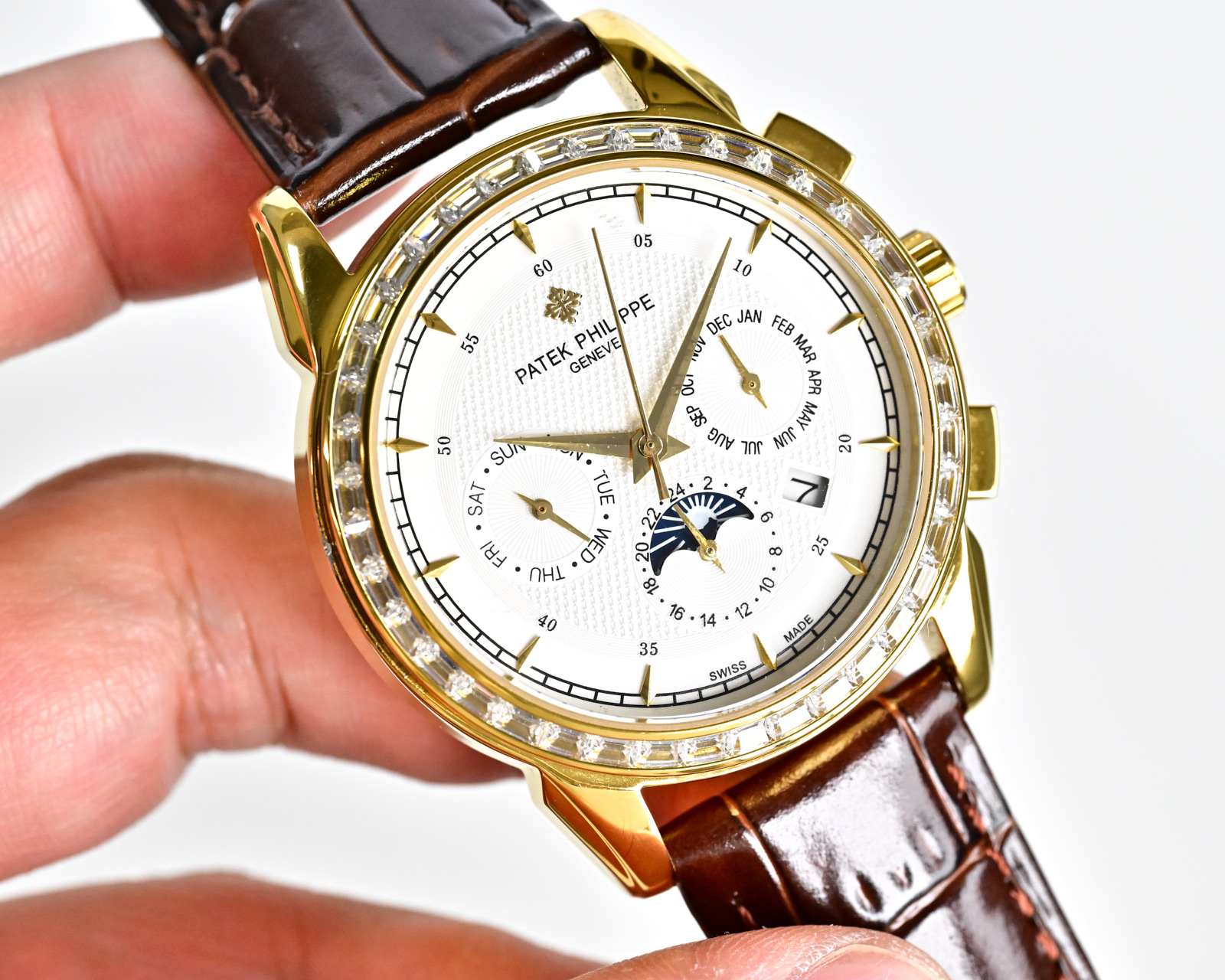 Patek Philippe Grand Complications Perpetual Calendar Moon Phase Chronograph Silver case, diamond bezel, white dial, black leather strap 41mm Men's Automatic