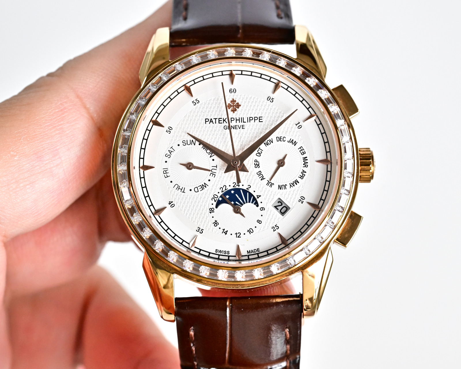 Patek Philippe Grand Complications Perpetual Calendar Moon Phase Chronograph Silver case, diamond bezel, white dial, black leather strap 41mm Men's Automatic
