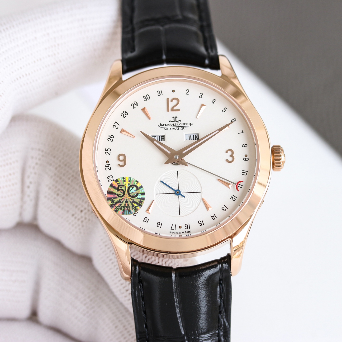 Jaeger-LeCoultre Master Calendar Q147242A rose gold case bezel, silver dial, black leather strap 40mm Men's Automatic