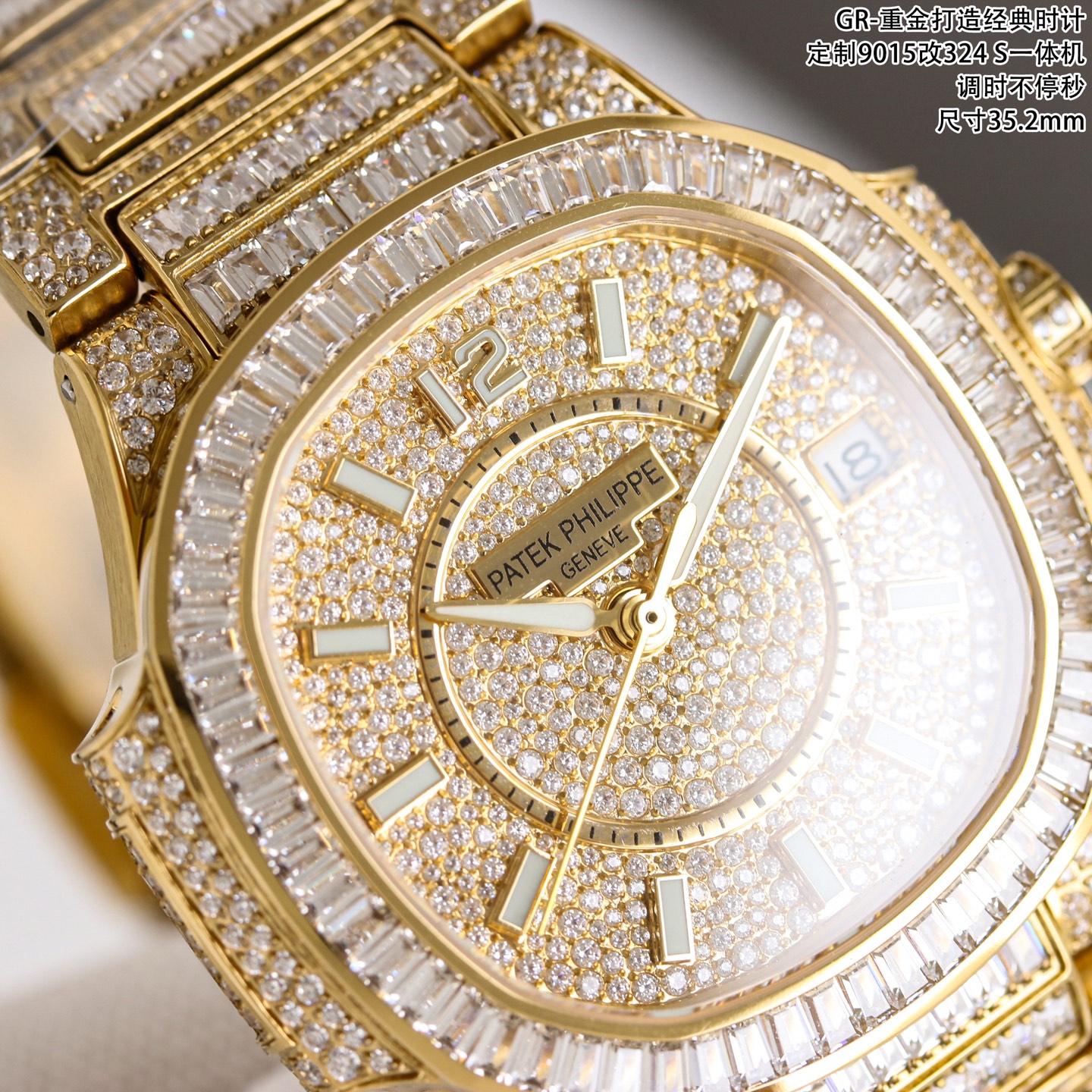 统一价：3700 新款首推 GR重金打造经典时计——百达翡丽7021女士鹦鹉螺 满钻T砖双拼限量款 少量到货，限量供应（全身采用八心八箭天然奥宝水钻） 🉐️赠送价值💰488旅行便捷定制手表表盒 腕表:定制9015改324 S自动一体上链机械机芯，及调时不停秒，中心大秒针 表盘:镶嵌286颗不规则钻 表壳:PVD白金及62颗长形T钻 防水系数30米。直径35.2mm 表链:PVD白金镶嵌895颗不规则钻及212颗长形T钻，采用罕见的“不规则雪花镶钻➕全身T砖”工艺，令腕表更添耀眼光彩，这项工艺需要将大小各异的钻镶嵌并固定到位，尽可能隐匿每颗钻之前的贵金属痕迹。 顶配鹦鹉螺7021满天星 目前算是最奢华的女款鹦鹉螺 应该没有人能拒绝了它了吧 雪花T砖双拼❄️镶钻全身 不仅是表盘，表带都是雪花T砖双拼镶钻总之一个字“闪”（白色为真空炉内白金，玫色为真空炉内纳米玫瑰金） GR精品，欢迎表友品鉴！