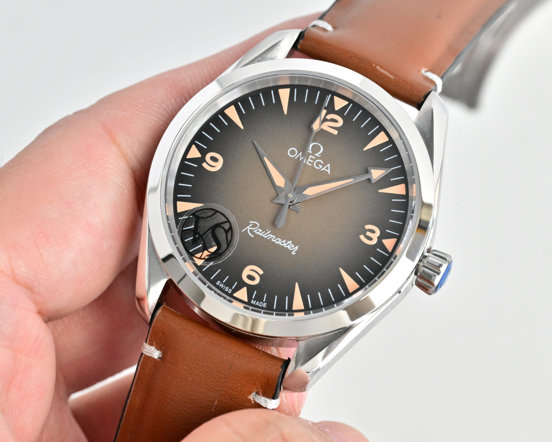 Omega Railmaster silver case, black dial, brown leather strap 40mm Men's Automatic