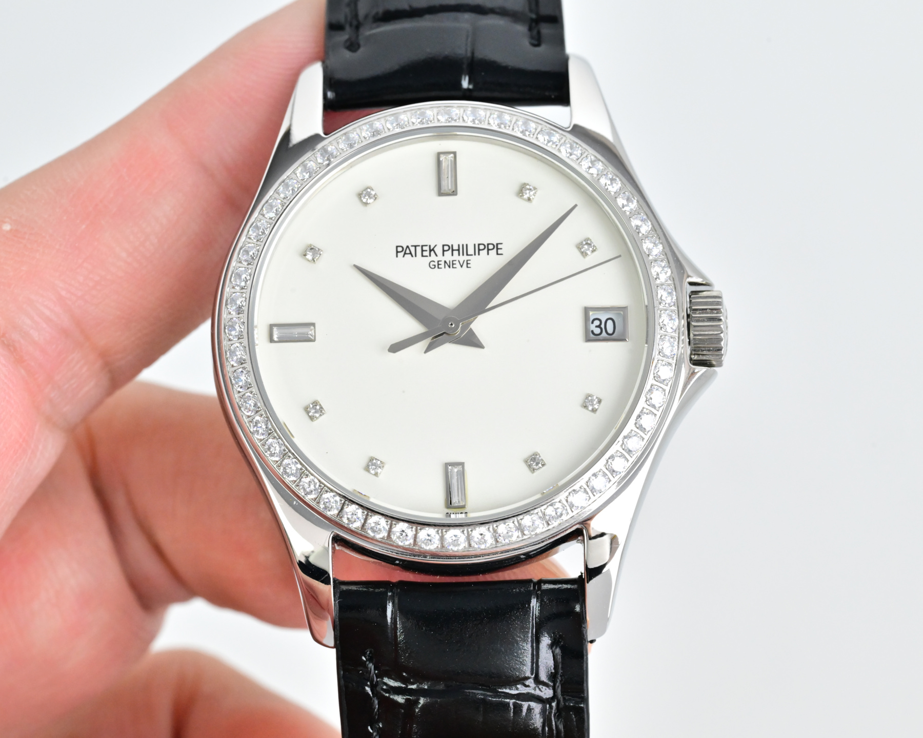 Patek Philippe Calatrava 5127 White gold diamond bezel, black dial, black strap 37mm Men's Automatic
