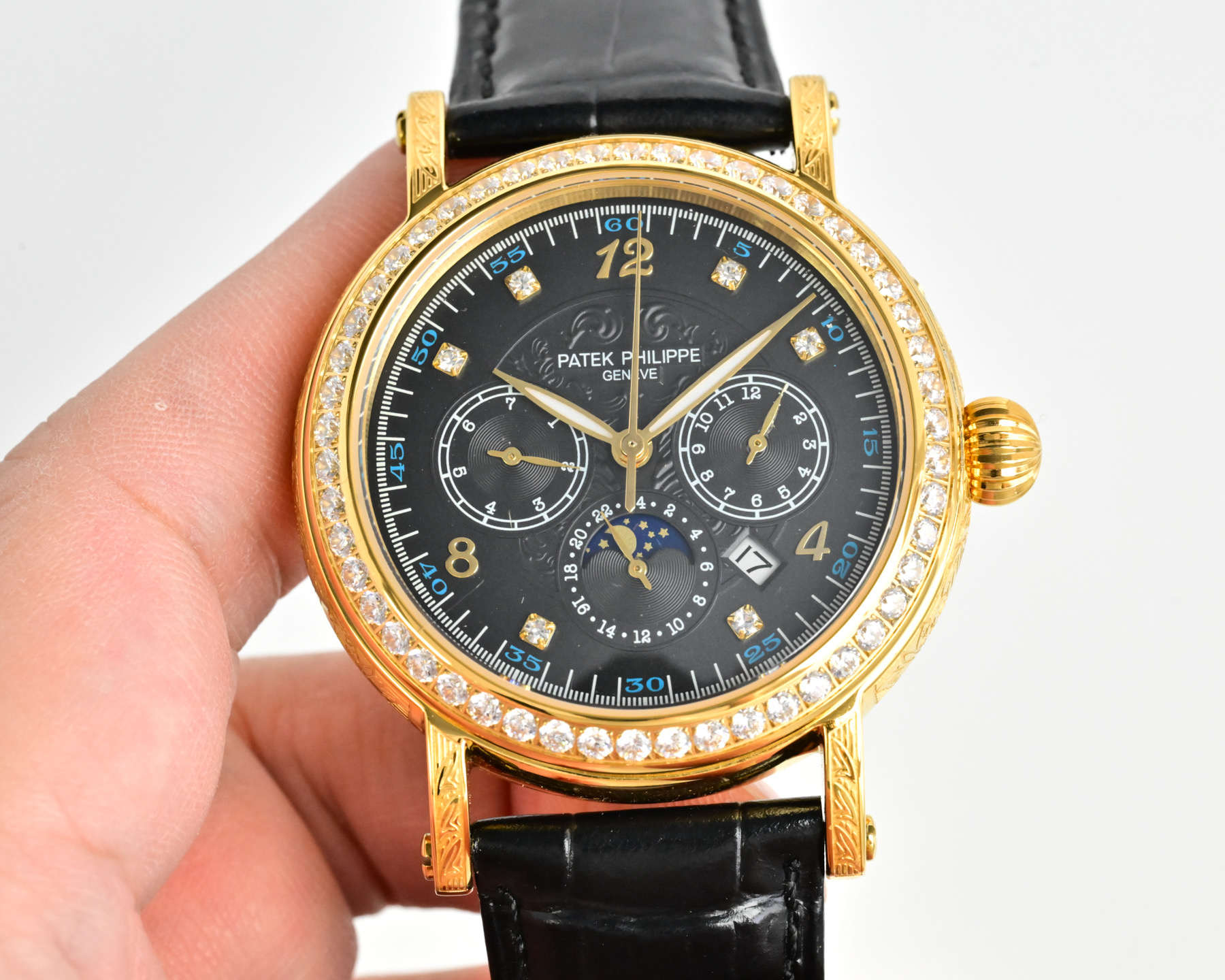 Patek Philippe Grand Complications Celestial Moonphase 6104G Diamond Bezel white gold case, diamond bezel, silver-white dial, black leather strap 42mm Men's Automatic
