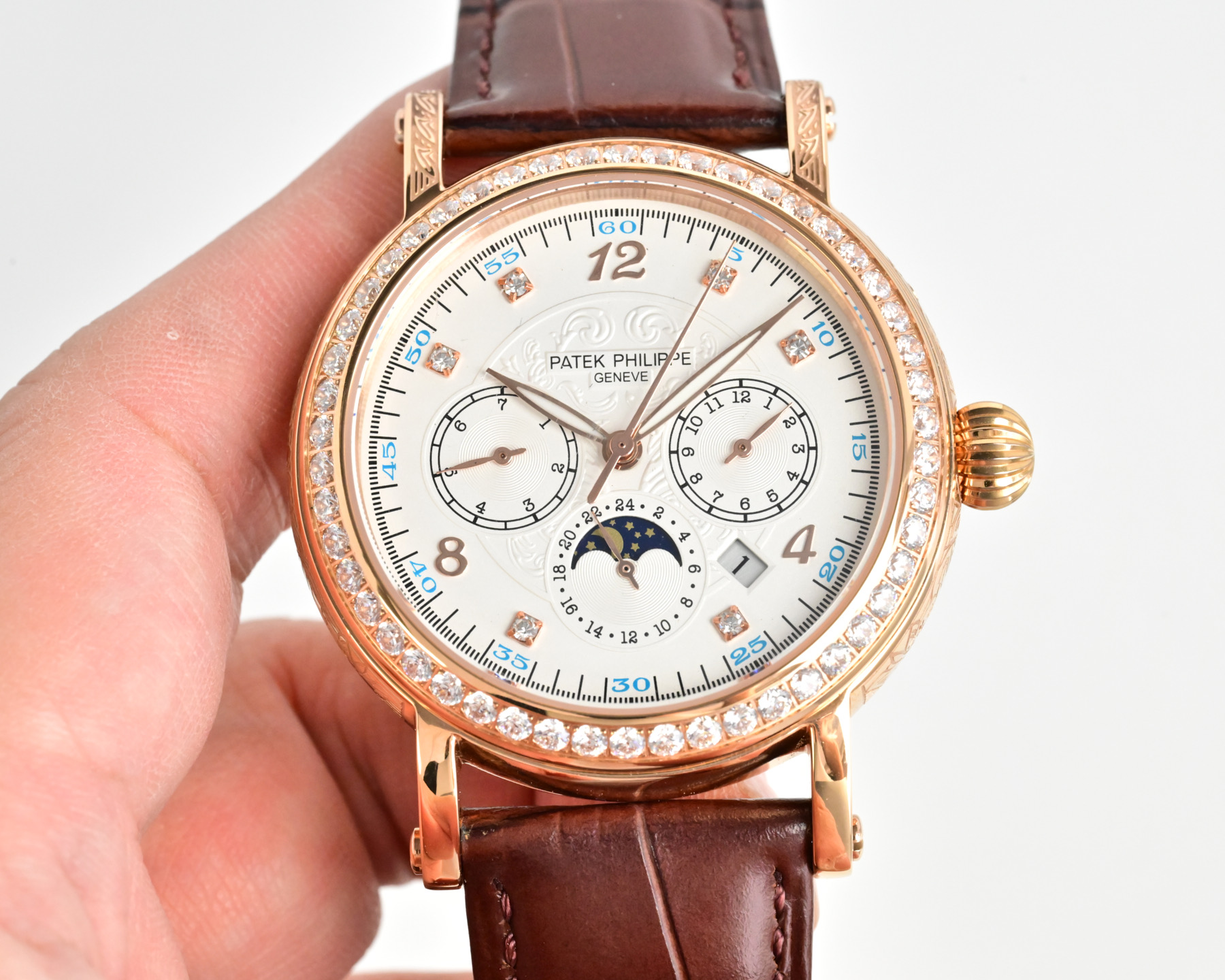 Patek Philippe Grand Complications Celestial Moonphase 6104G Diamond Bezel white gold case, diamond bezel, silver-white dial, black leather strap 42mm Men's Automatic
