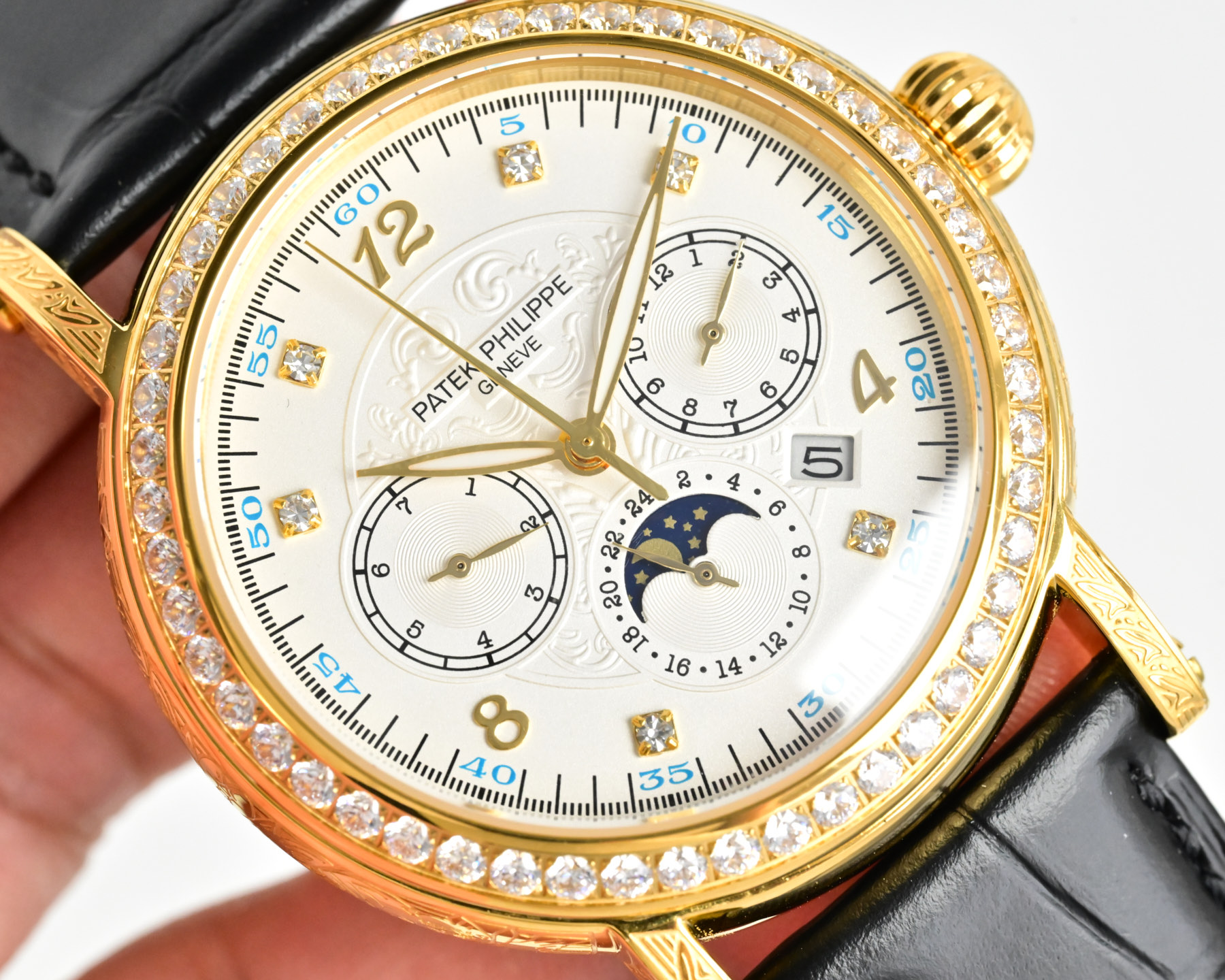 Patek Philippe Grand Complications Celestial Moonphase 6104G Diamond Bezel white gold case, diamond bezel, silver-white dial, black leather strap 42mm Men's Automatic