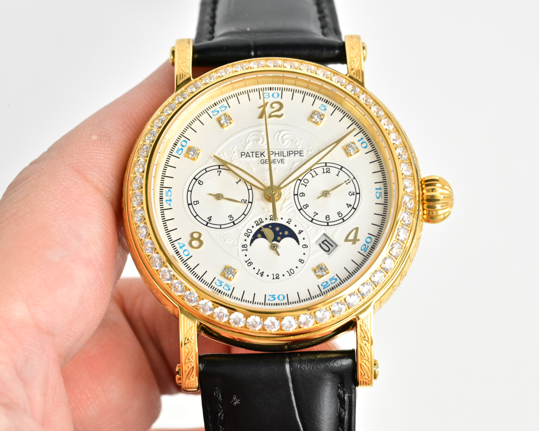 Patek Philippe Grand Complications Celestial Moonphase 6104G Diamond Bezel white gold case, diamond bezel, silver-white dial, black leather strap 42mm Men's Automatic