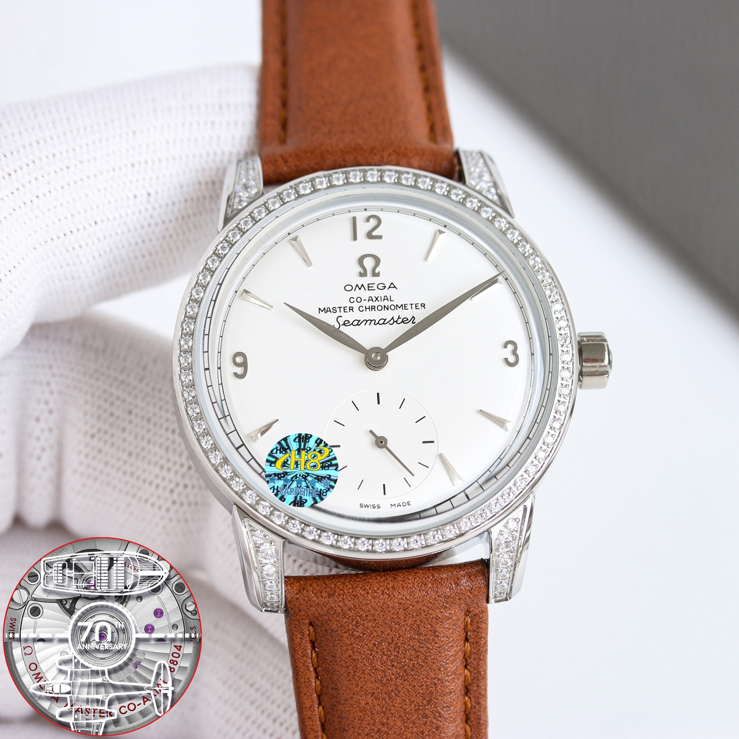 Omega Seamaster 1948 Small Seconds stainless steel diamond-set bezel and lugs, silver dial, brown leather strap 38mm Unisex Automatic