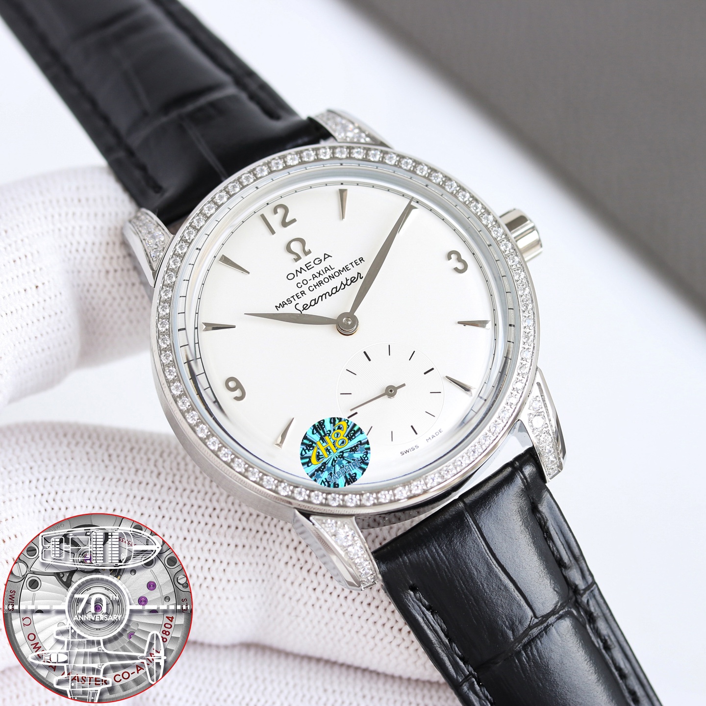 Omega Seamaster 1948 Small Seconds stainless steel diamond-set bezel and lugs, silver dial, brown leather strap 38mm Unisex Automatic