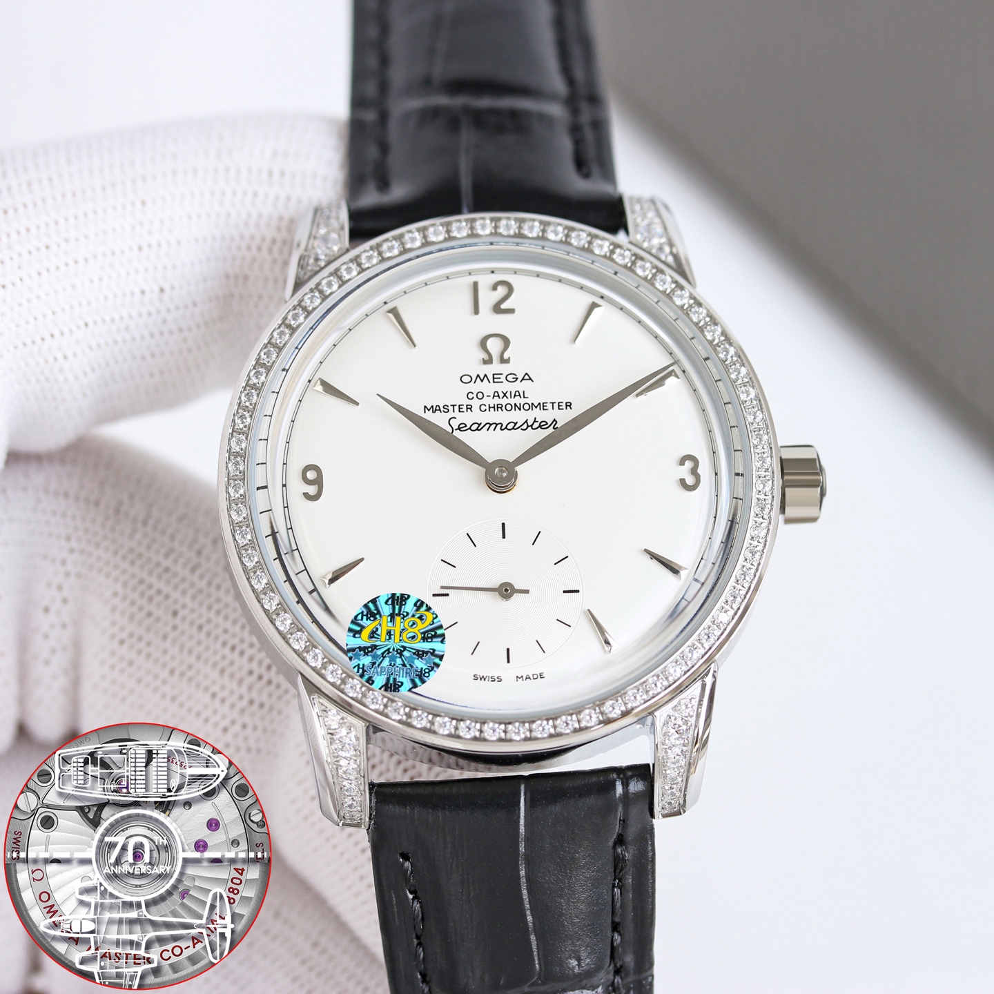 Omega Seamaster 1948 Small Seconds stainless steel diamond-set bezel and lugs, silver dial, brown leather strap 38mm Unisex Automatic