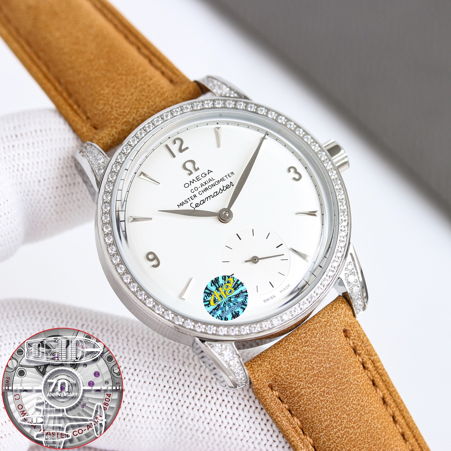 Omega Seamaster 1948 Small Seconds stainless steel diamond-set bezel and lugs, silver dial, brown leather strap 38mm Unisex Automatic