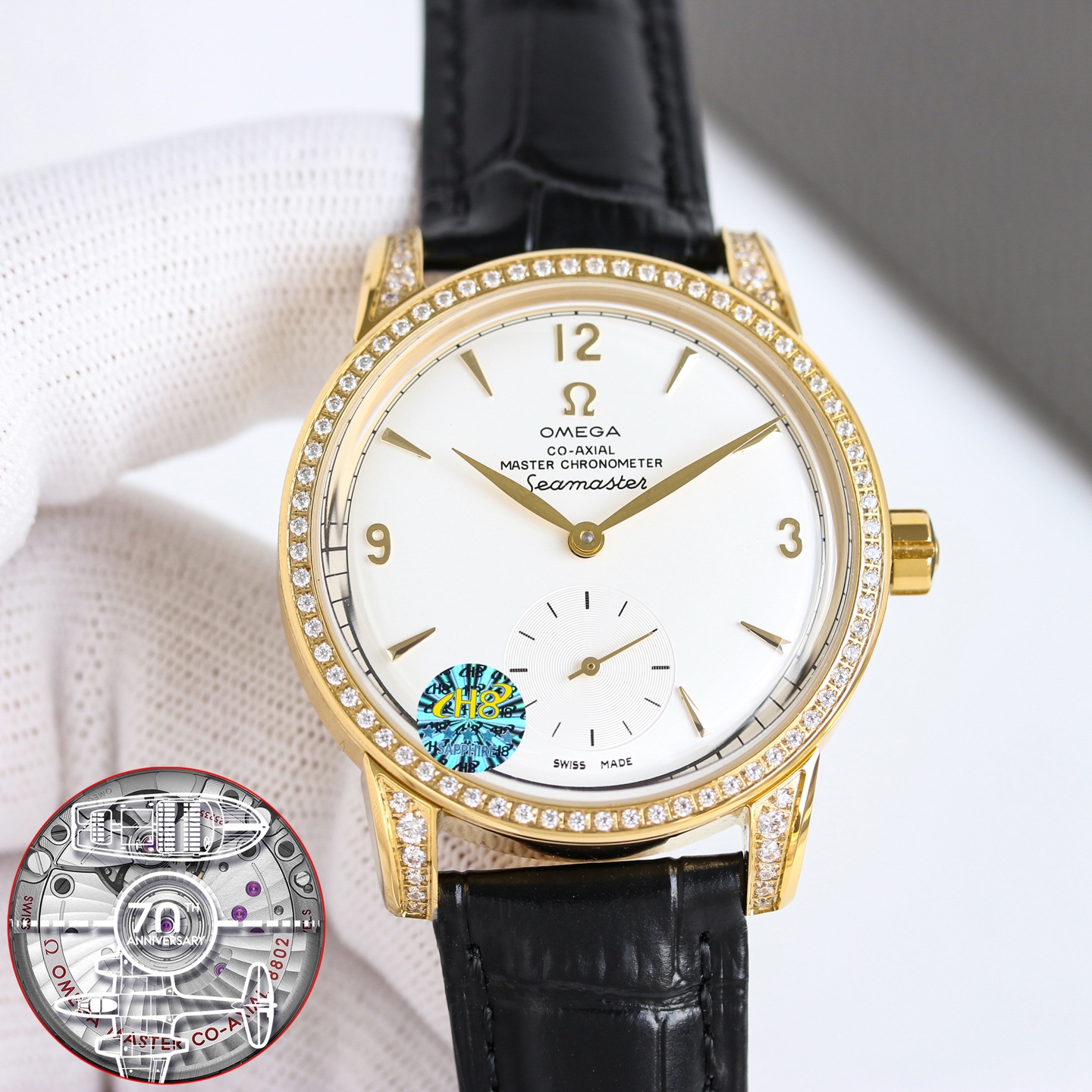 Omega Seamaster 1948 Limited Edition rose gold case, diamond bezel, white dial, brown leather strap 39.5mm Men's Automatic