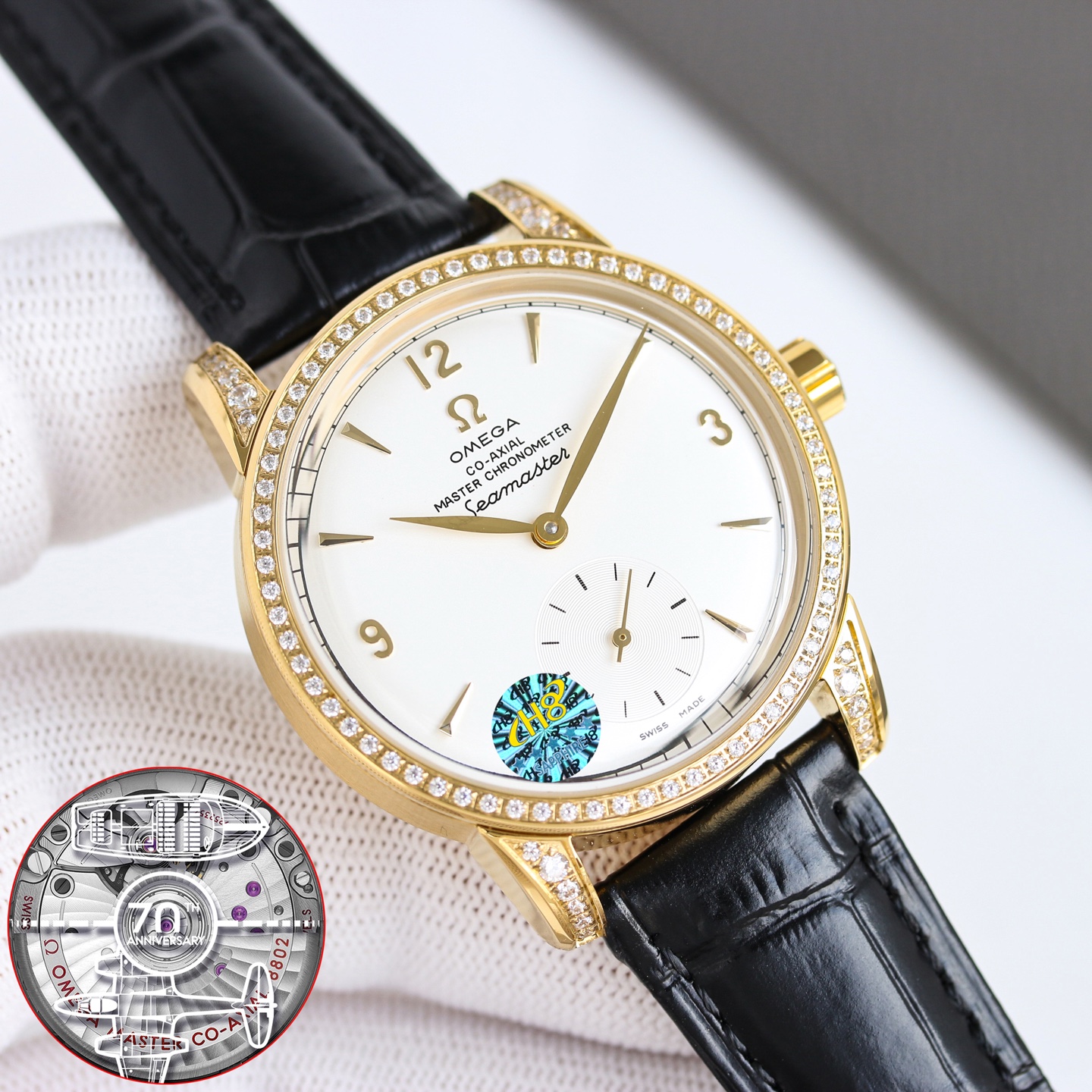Omega Seamaster 1948 Limited Edition rose gold case, diamond bezel, white dial, brown leather strap 39.5mm Men's Automatic