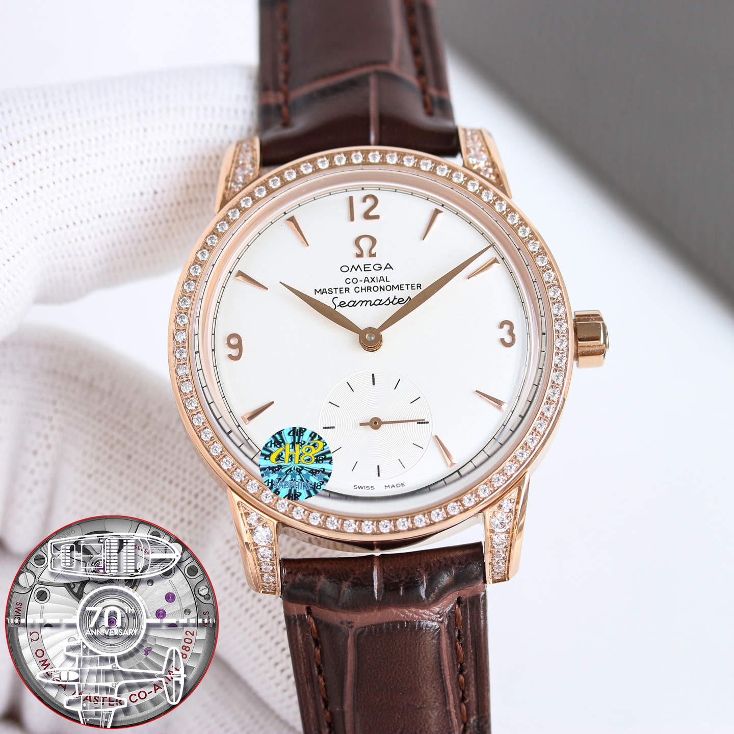 Omega Seamaster 1948 Limited Edition rose gold case, diamond bezel, white dial, brown leather strap 39.5mm Men's Automatic