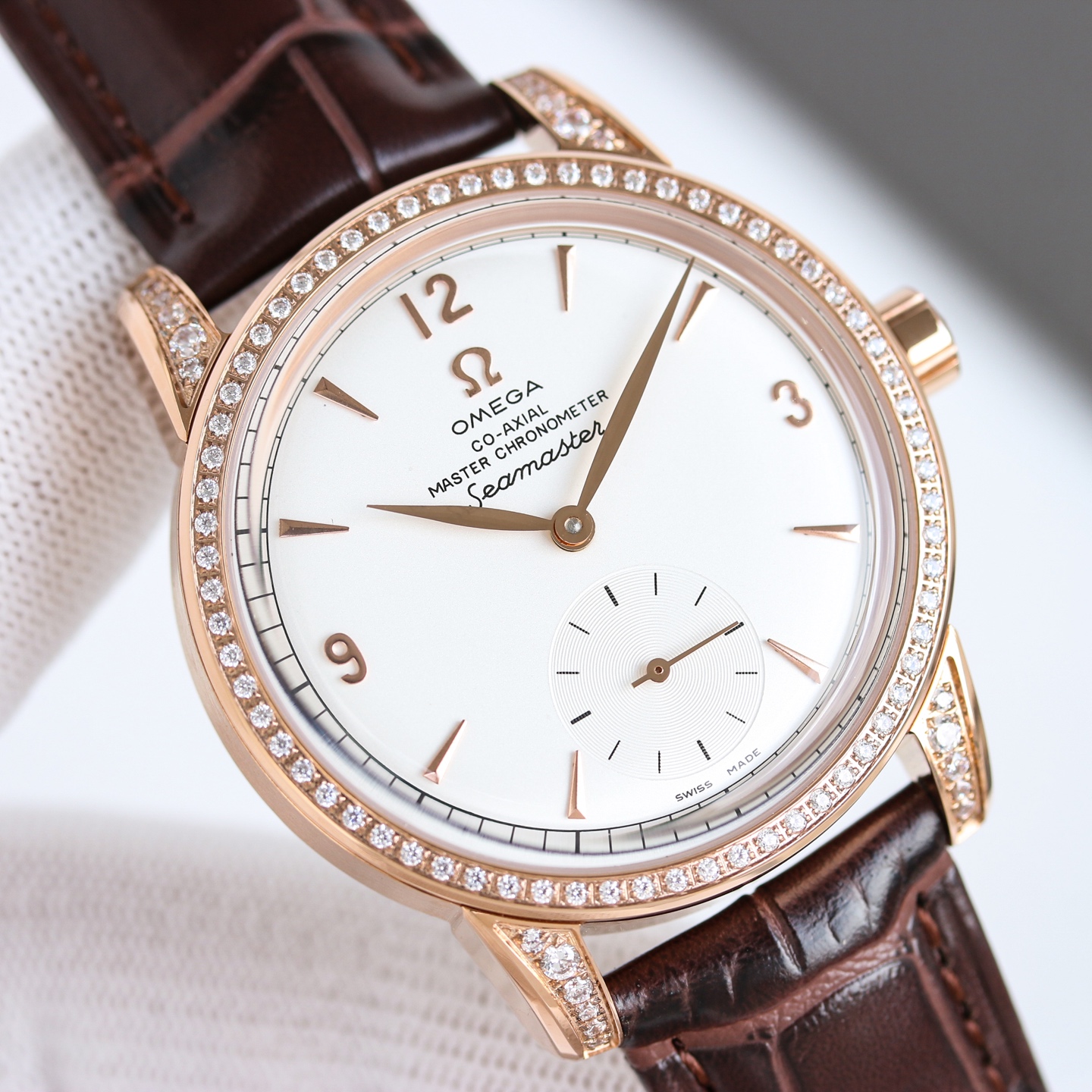 Omega Seamaster 1948 Limited Edition rose gold case, diamond bezel, white dial, brown leather strap 39.5mm Men's Automatic