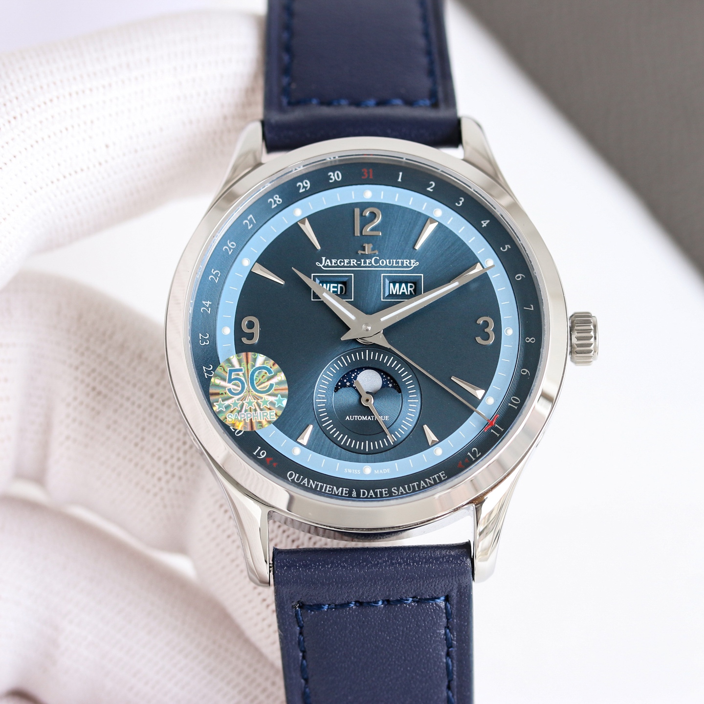 Jaeger-LeCoultre Master Ultra Thin Moon Enamel blue dial, stainless steel case, blue leather strap 39mm Men's Automatic