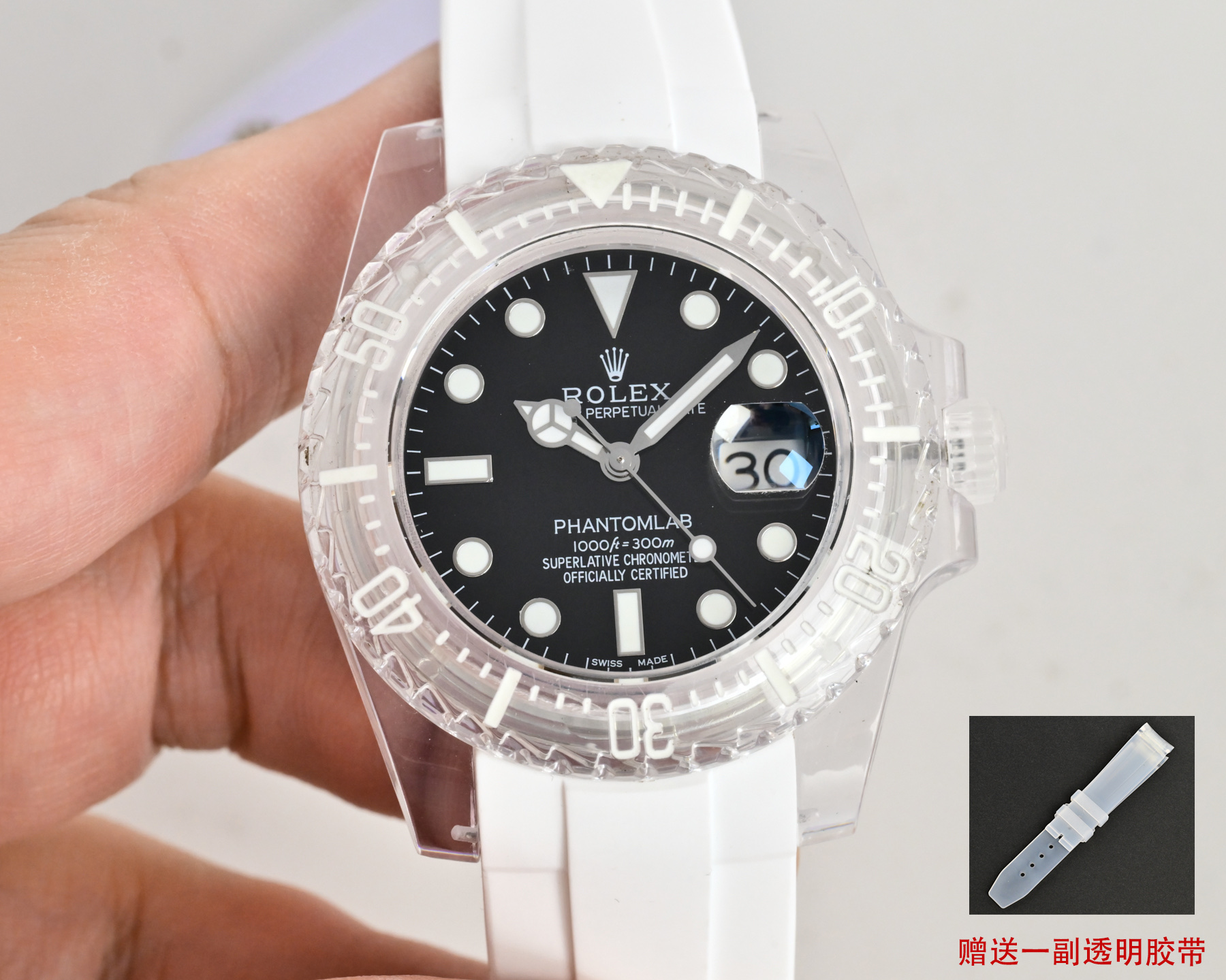 Rolex Oyster Perpetual Date Submariner clear case and bezel, white dial, white strap 40mm Men's Automatic