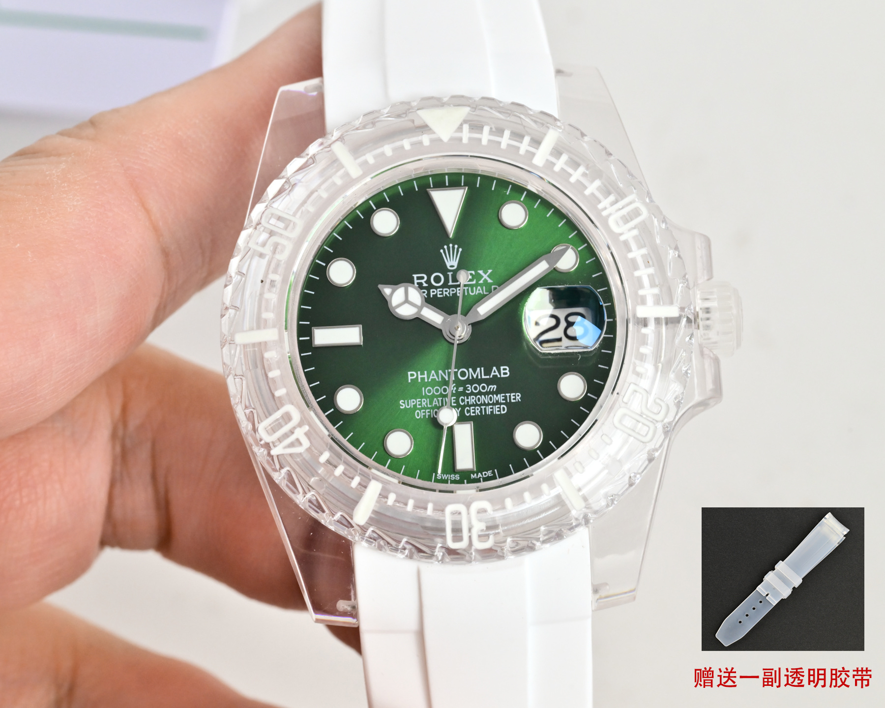 Rolex Oyster Perpetual Date Submariner clear case and bezel, white dial, white strap 40mm Men's Automatic