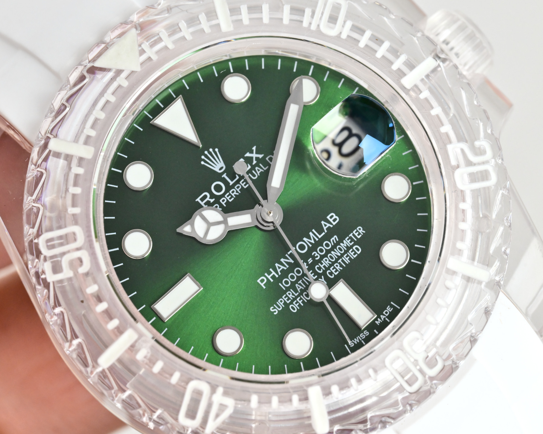 Rolex Oyster Perpetual Date Submariner clear case and bezel, white dial, white strap 40mm Men's Automatic