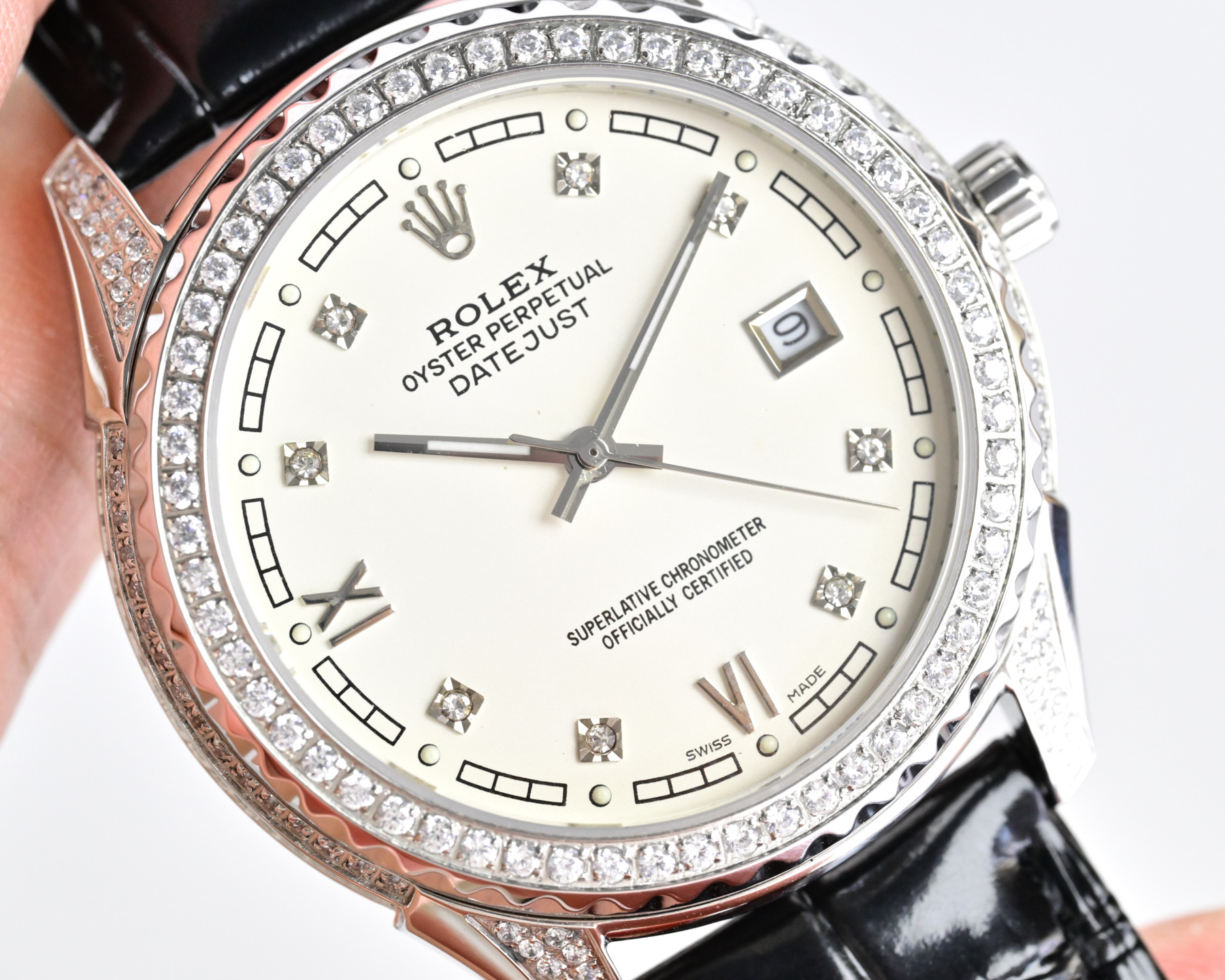 Rolex Datejust Silver case, diamond bezel, ivory dial, black leather strap 36mm Men's Automatic