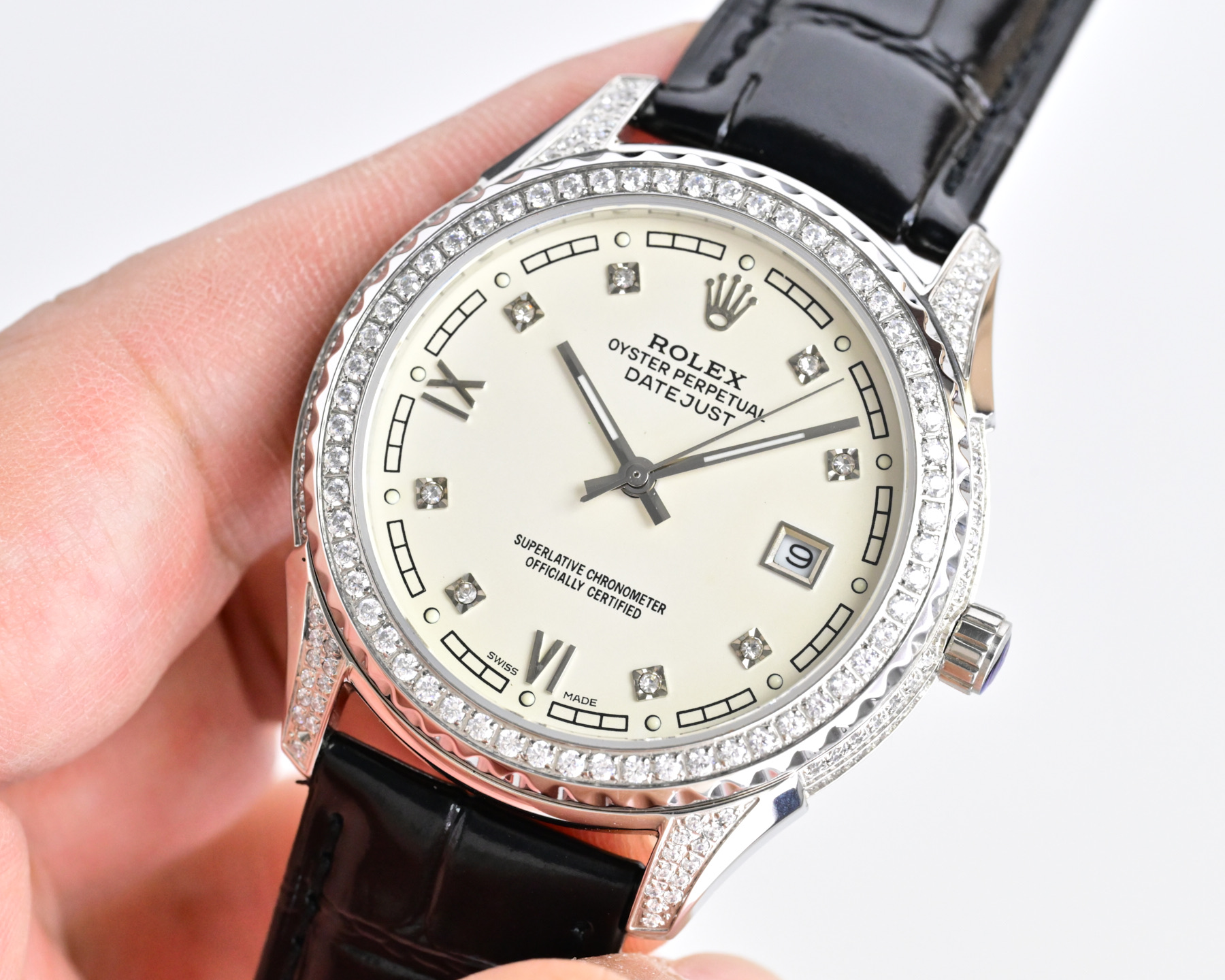 Rolex Datejust Silver case, diamond bezel, ivory dial, black leather strap 36mm Men's Automatic