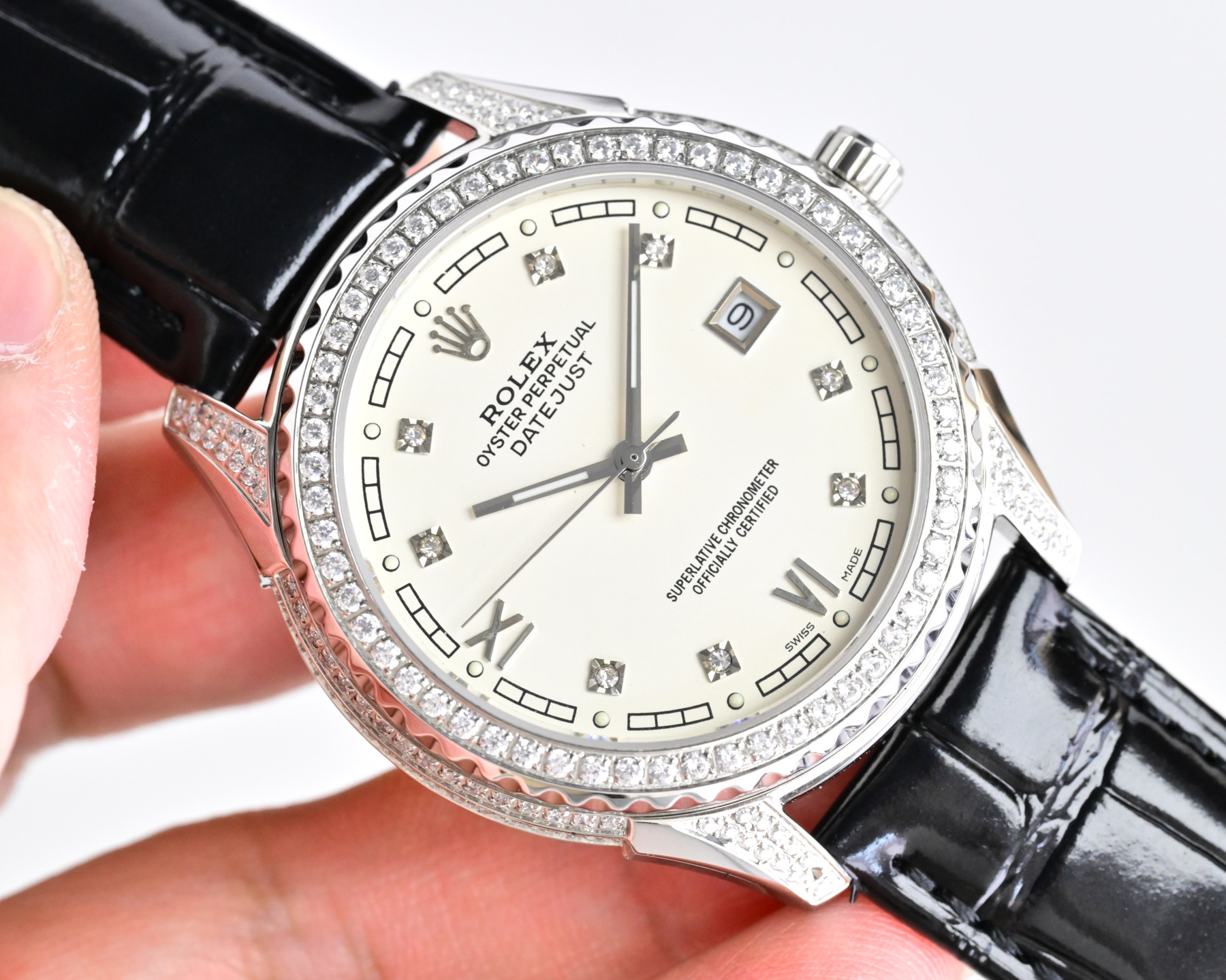 Rolex Datejust Silver case, diamond bezel, ivory dial, black leather strap 36mm Men's Automatic