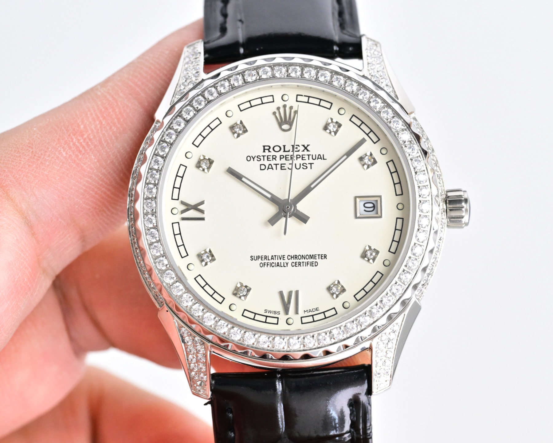 Rolex Datejust Silver case, diamond bezel, ivory dial, black leather strap 36mm Men's Automatic