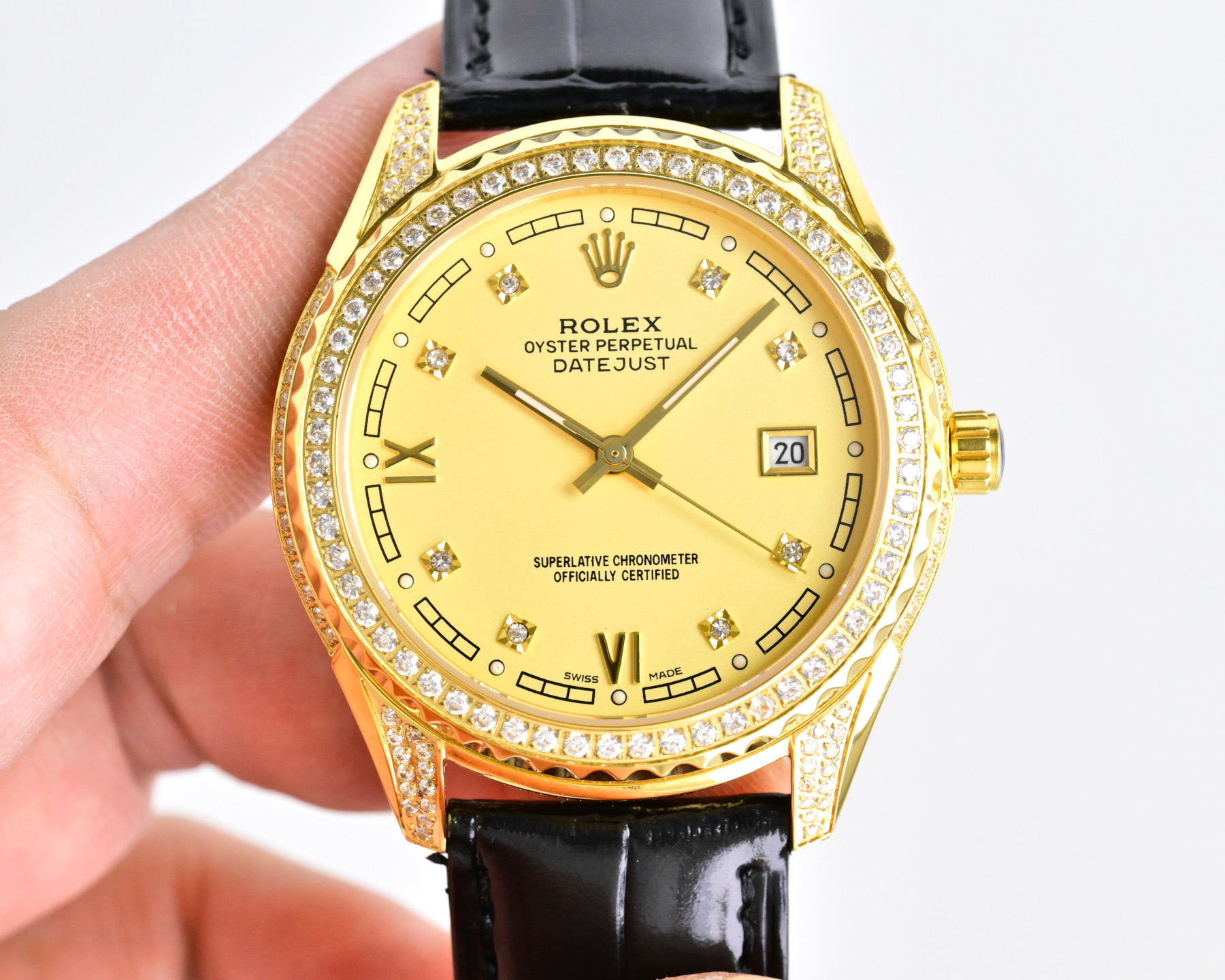 Rolex Datejust Yellow gold case and diamond bezel, silver dial, black leather strap 40mm Men's Automatic