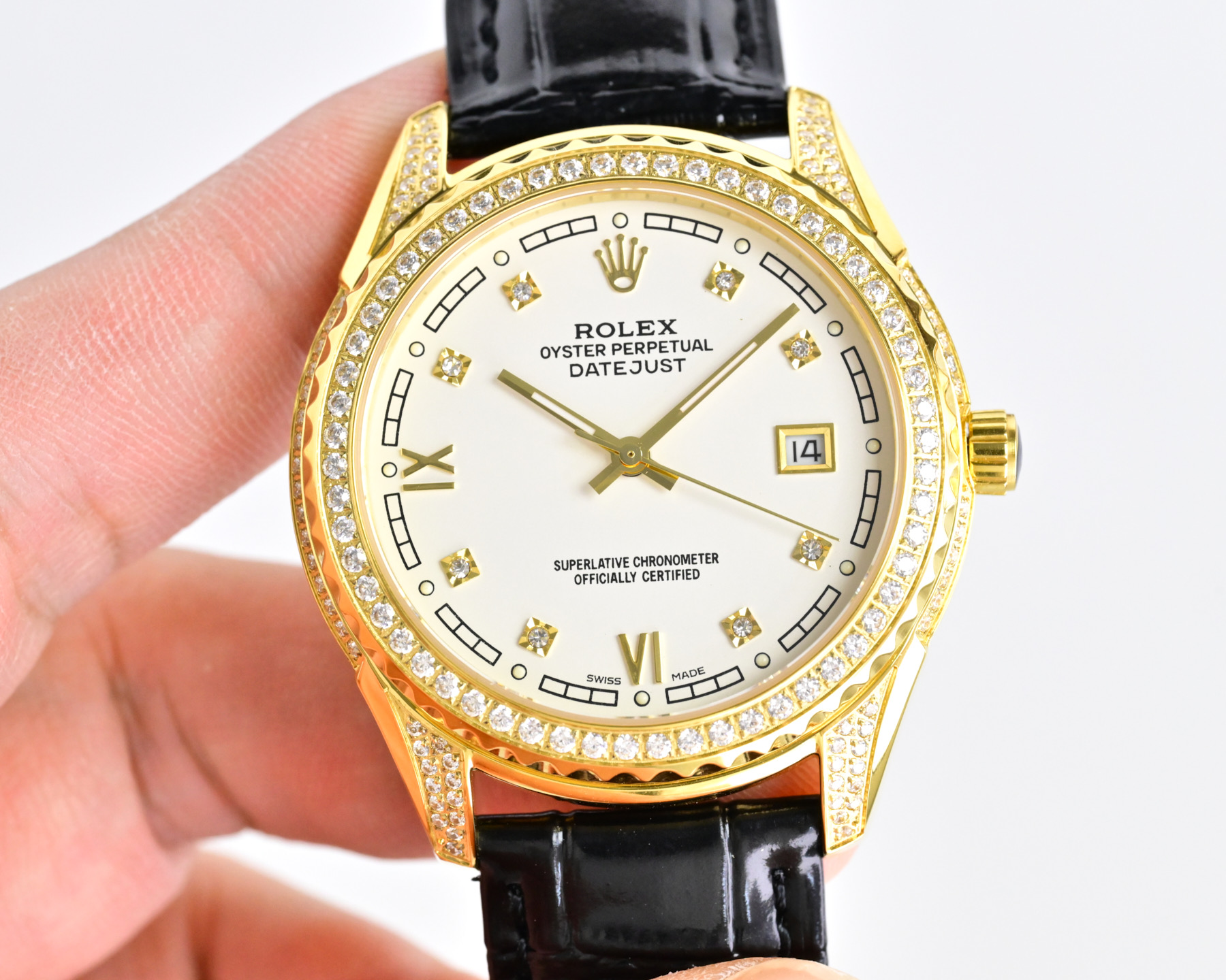 Rolex Datejust Yellow gold case and diamond bezel, silver dial, black leather strap 40mm Men's Automatic