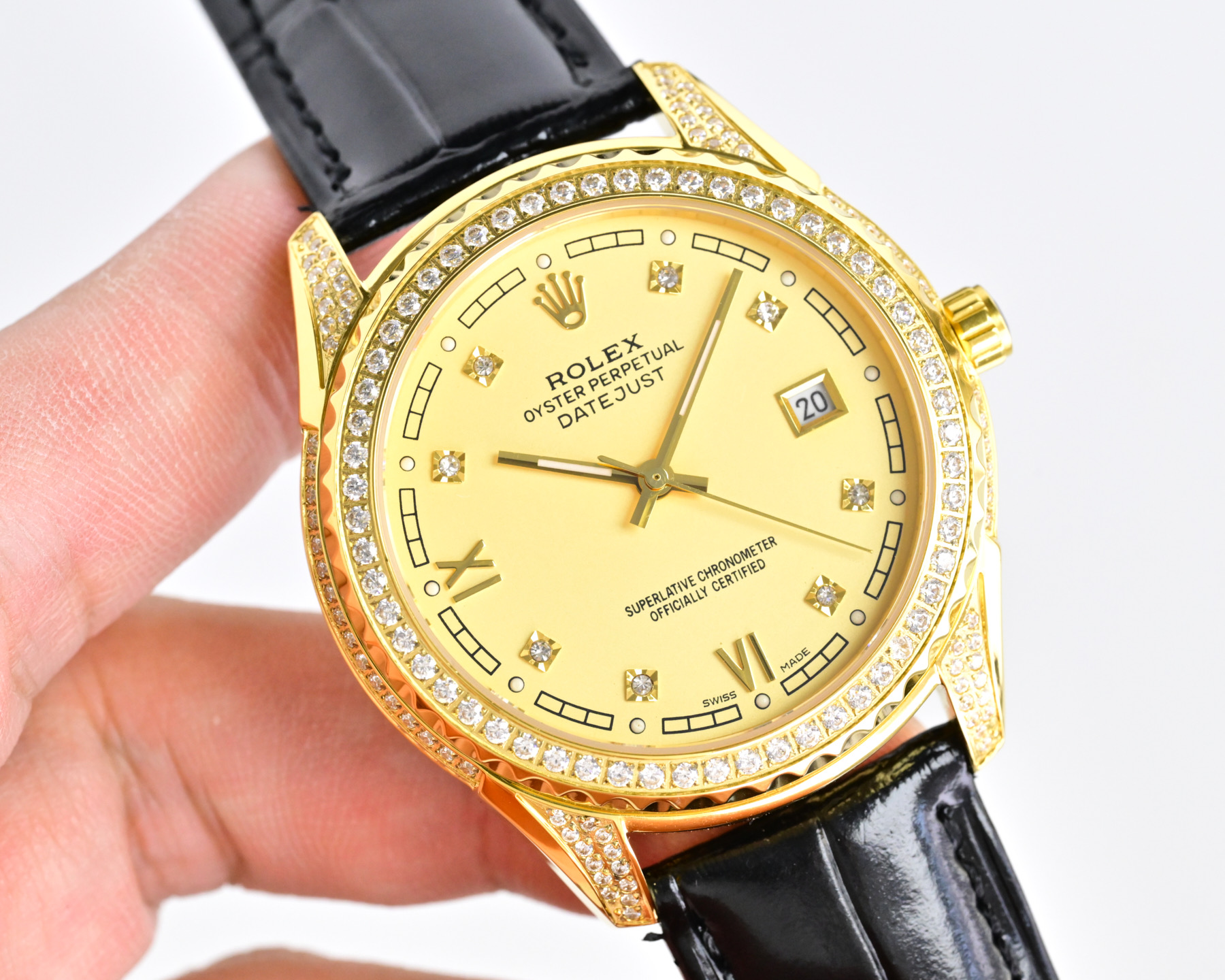 Rolex Datejust Yellow gold case and diamond bezel, silver dial, black leather strap 40mm Men's Automatic