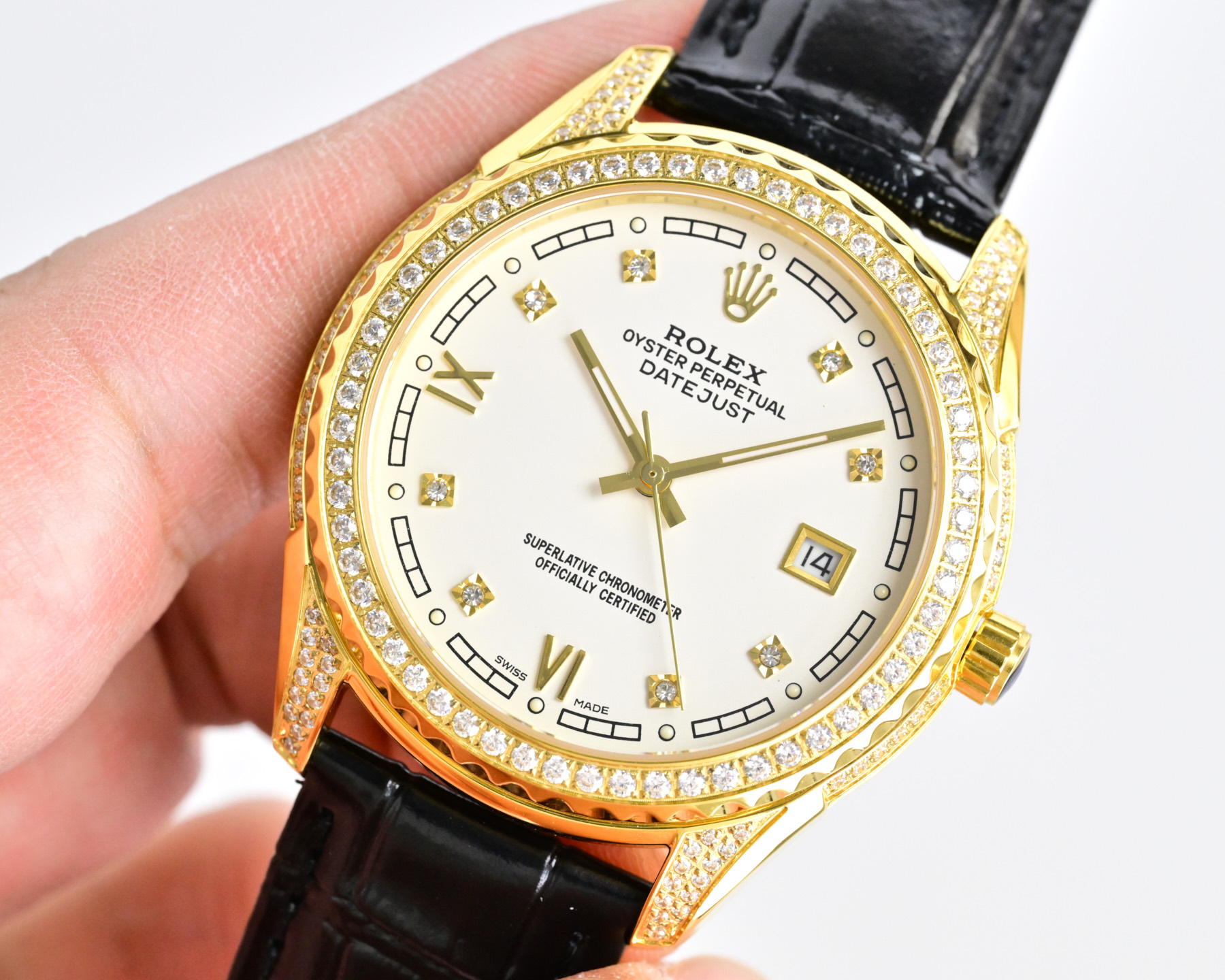 Rolex Datejust Yellow gold case and diamond bezel, silver dial, black leather strap 40mm Men's Automatic