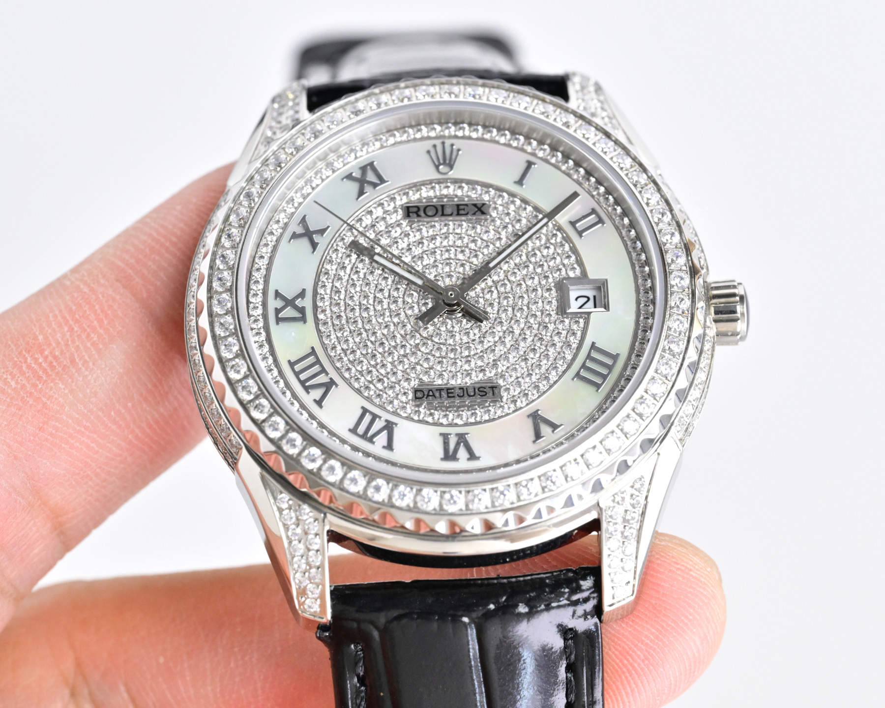 Rolex Datejust Silver diamond-set case and bezel, silver diamond dial, black leather strap 40mm Men's Automatic