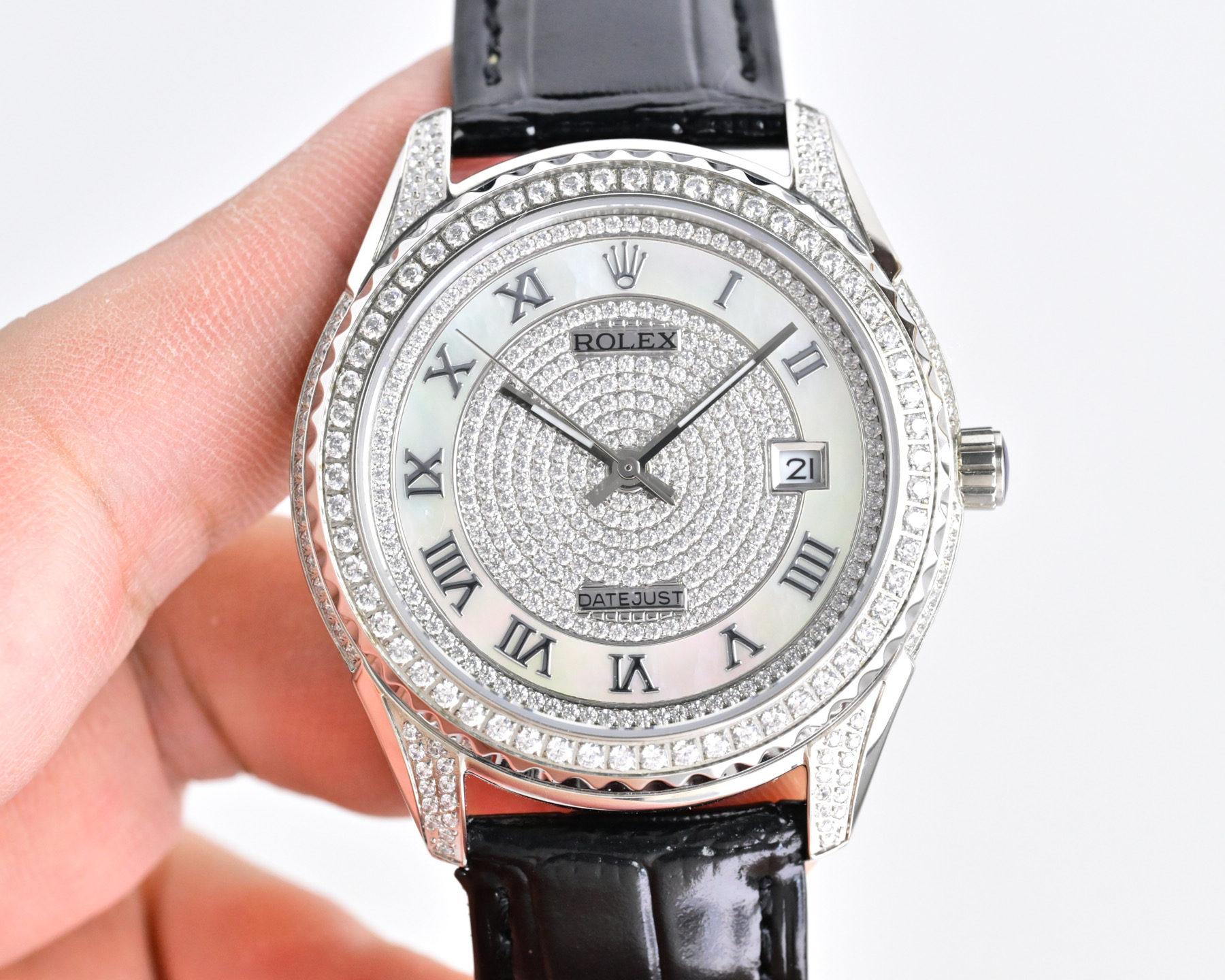 Rolex Datejust Silver diamond-set case and bezel, silver diamond dial, black leather strap 40mm Men's Automatic
